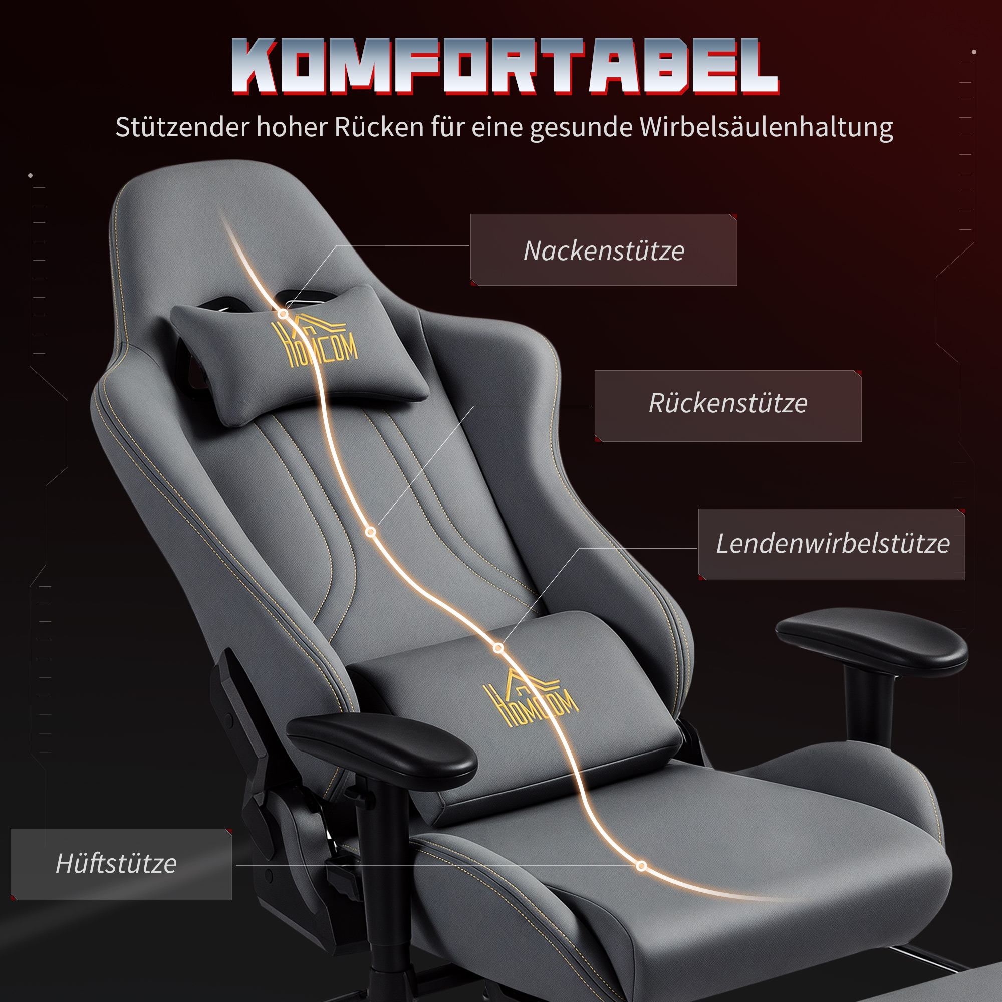 Grauer Gamingstuhl mit Nacken-, Rücken-, Lenden- und Hüftstützen.