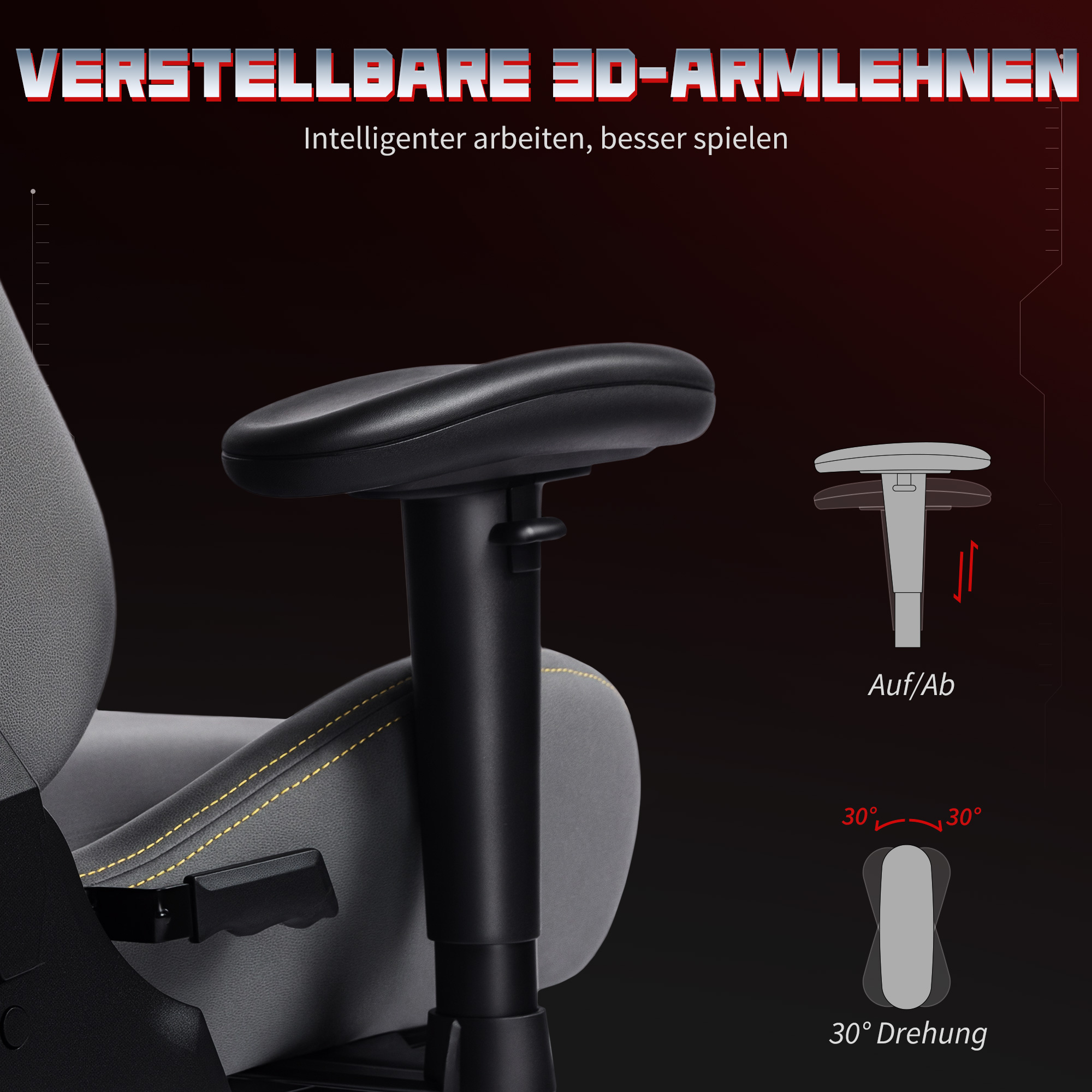 Grauer Stuhl mit verstellbaren Armlehnen, zeigt Auf/Ab- und Drehfunktion.