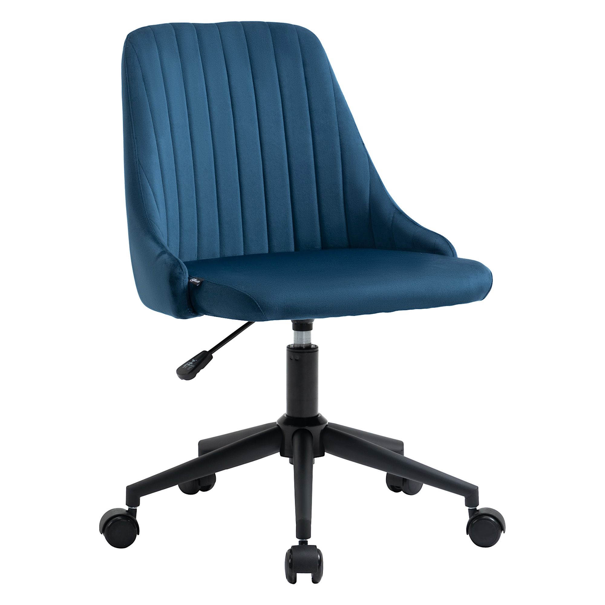 Ein blauer Bürostuhl mit gepolsterter Rückenlehne und Rädern.