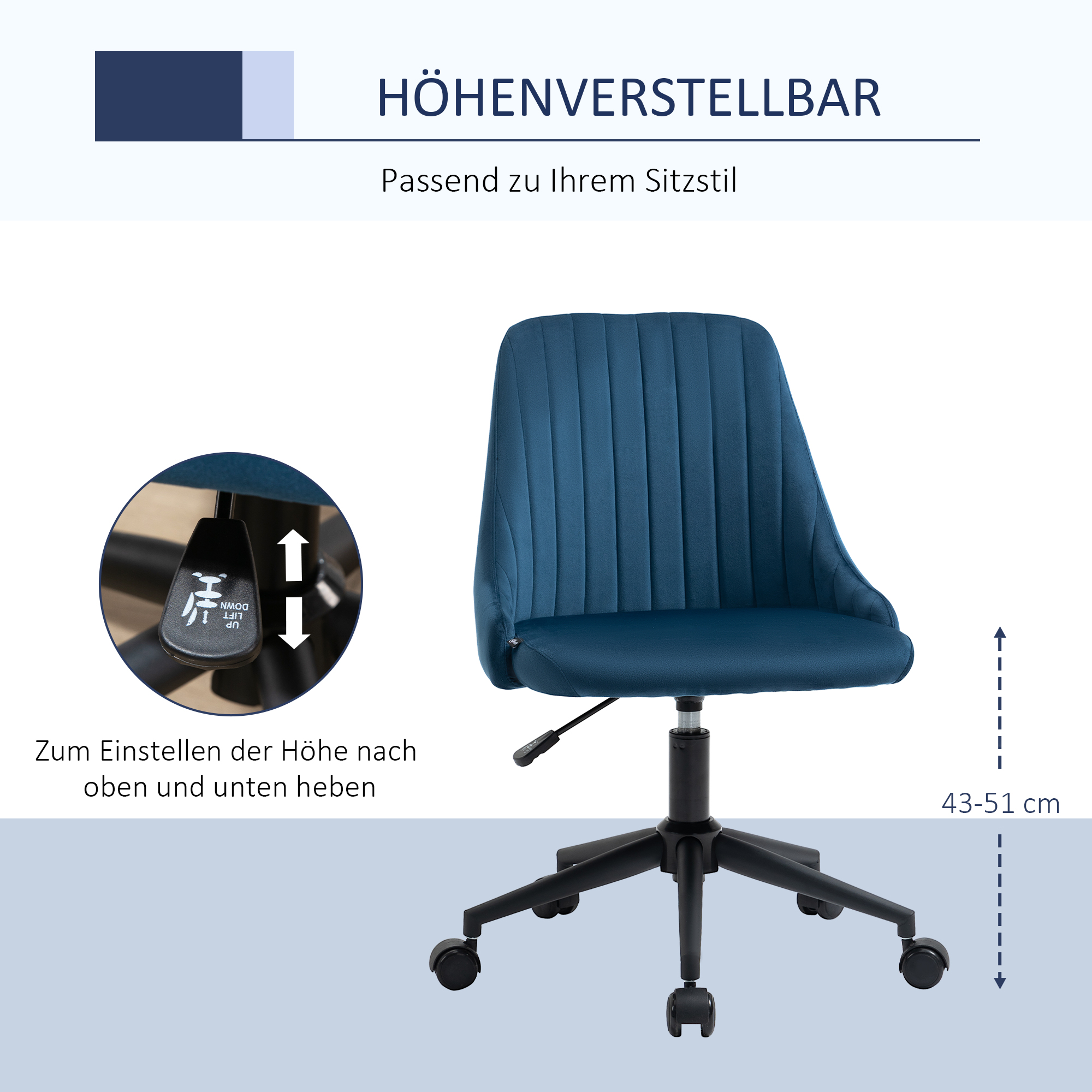 Blauer Bürostuhl mit Höhenverstellung und Rollen. Der Hebel zum Einstellen ist sichtbar.