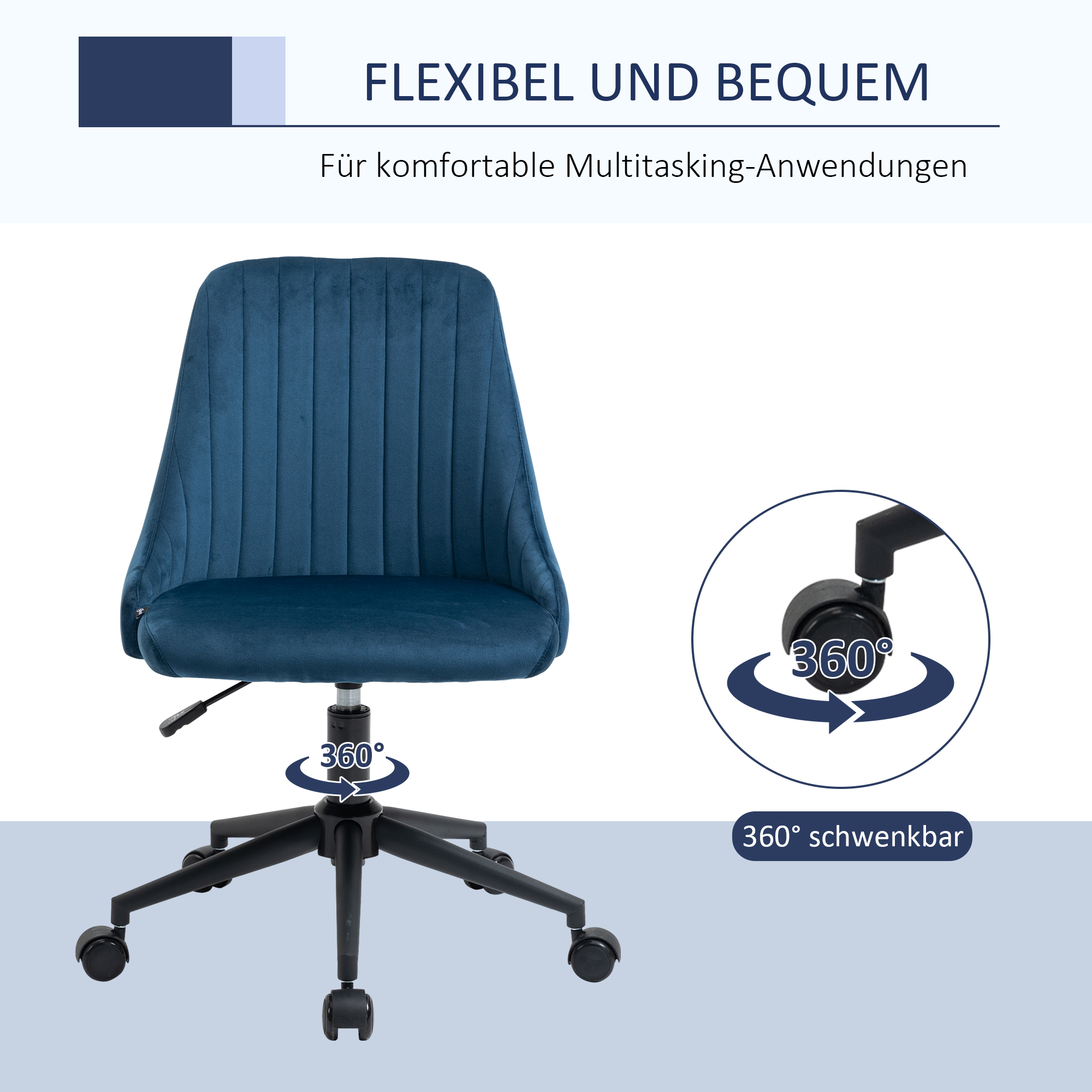Ein blauer Bürostuhl mit Rollen und 360-Grad-Drehfunktion.