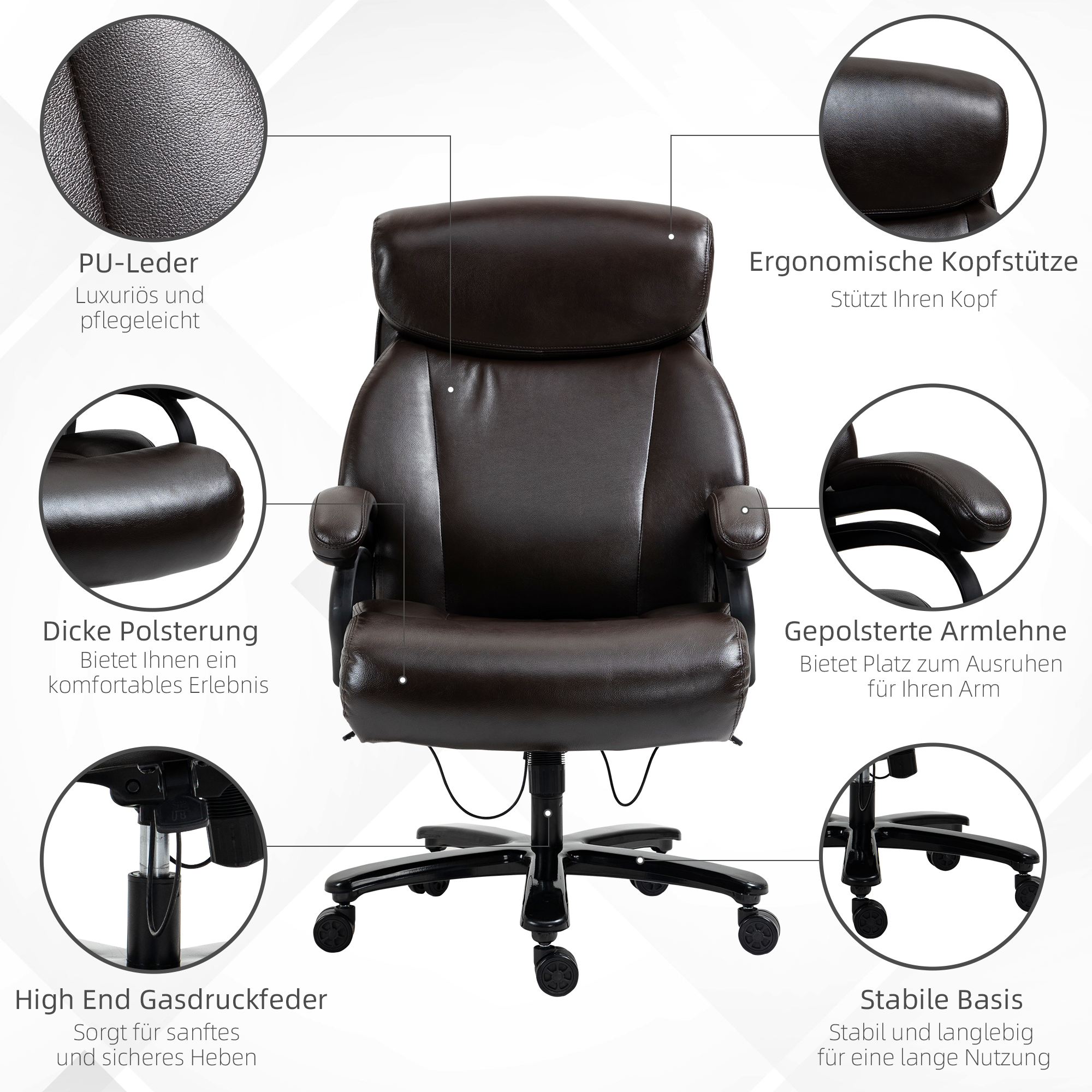 Dunkelbrauner Bürostuhl mit ergonomischer Kopfstütze und gepolsterten Armlehnen.