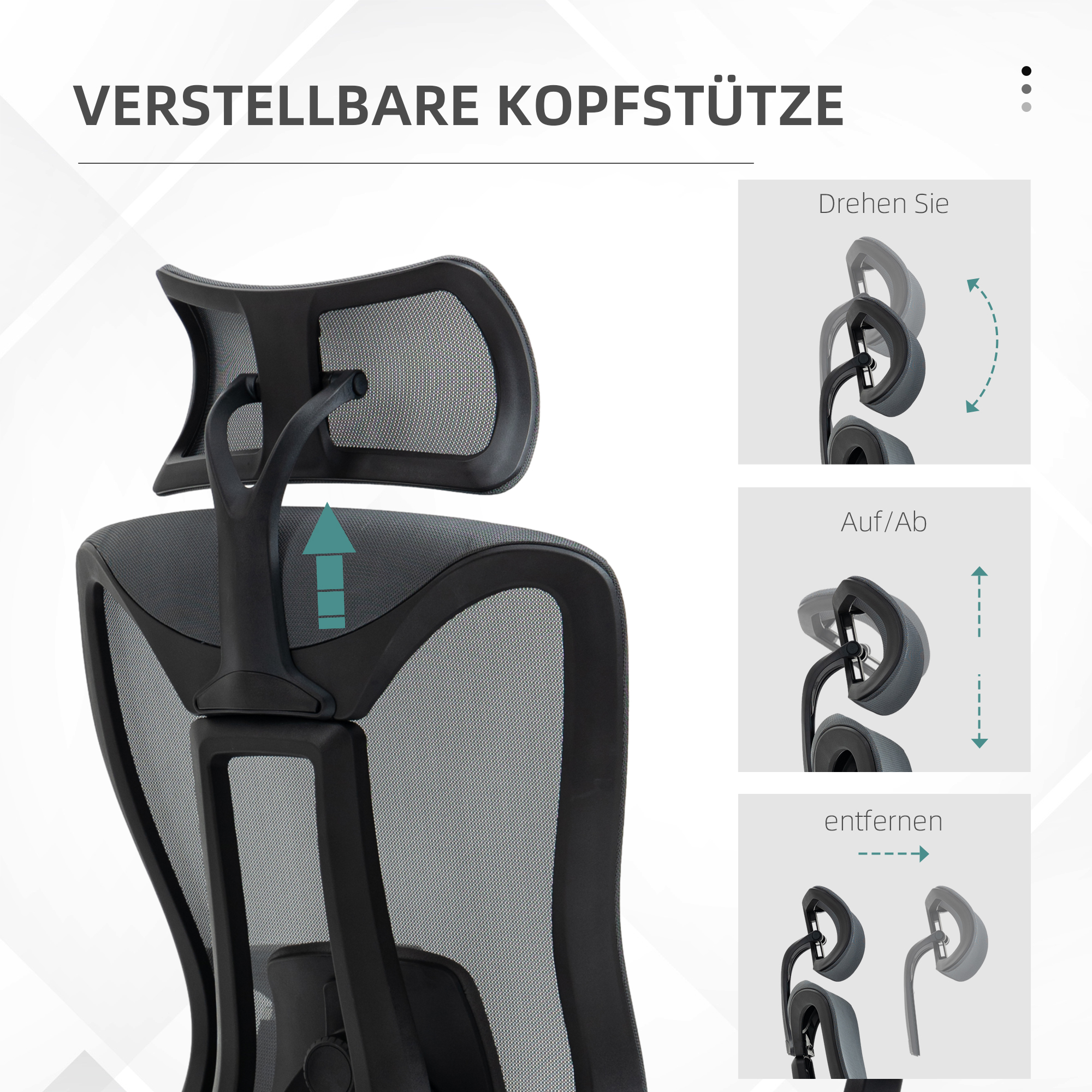 Verstellbare Kopfstütze eines Bürostuhls mit Anleitung.
