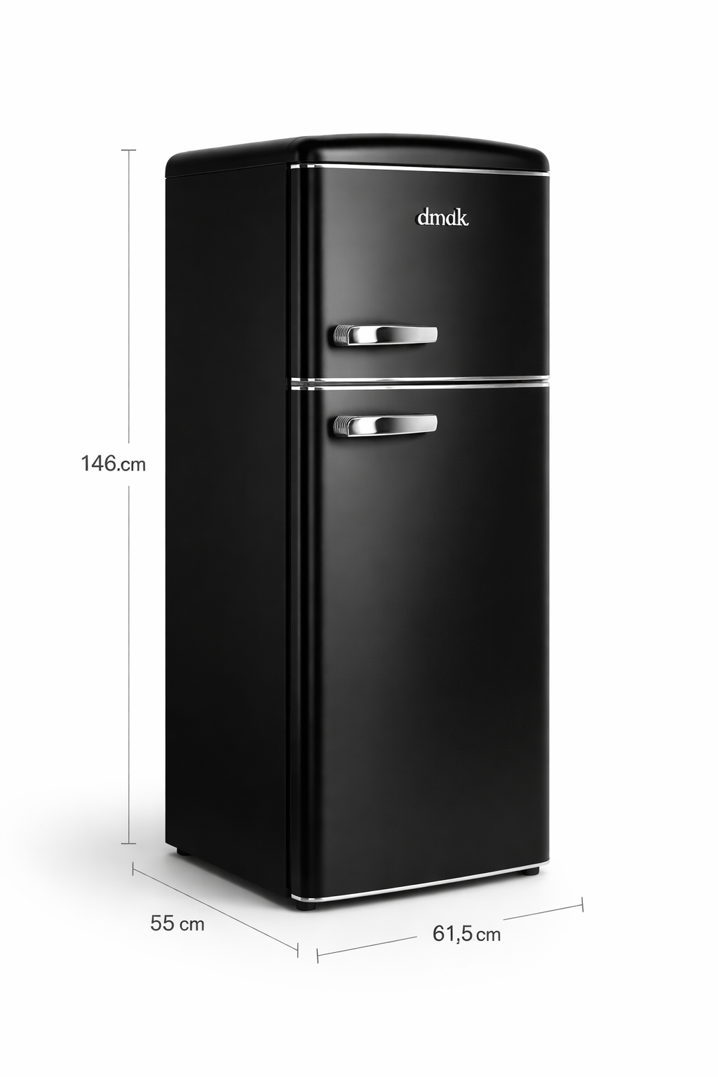 Un réfrigérateur noir avec poignées argentées et le logo 'dmk'.