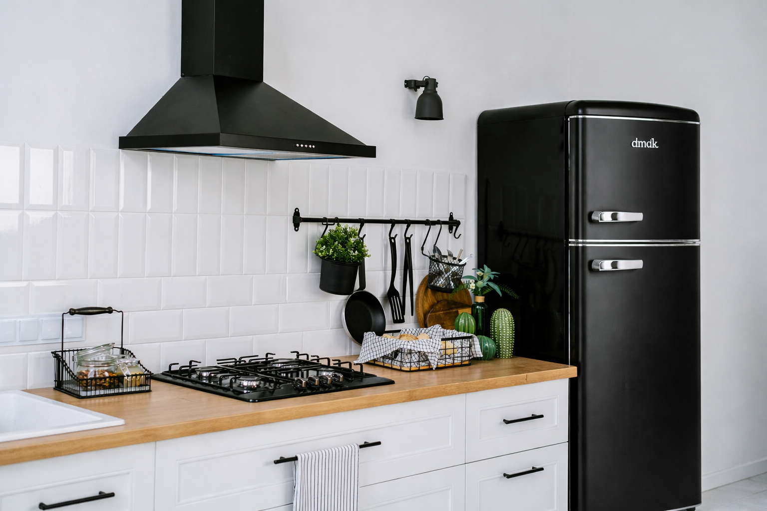 Cuisine moderne noire avec crédence carrelée blanche, cuisinière à gaz et réfrigérateur rétro.