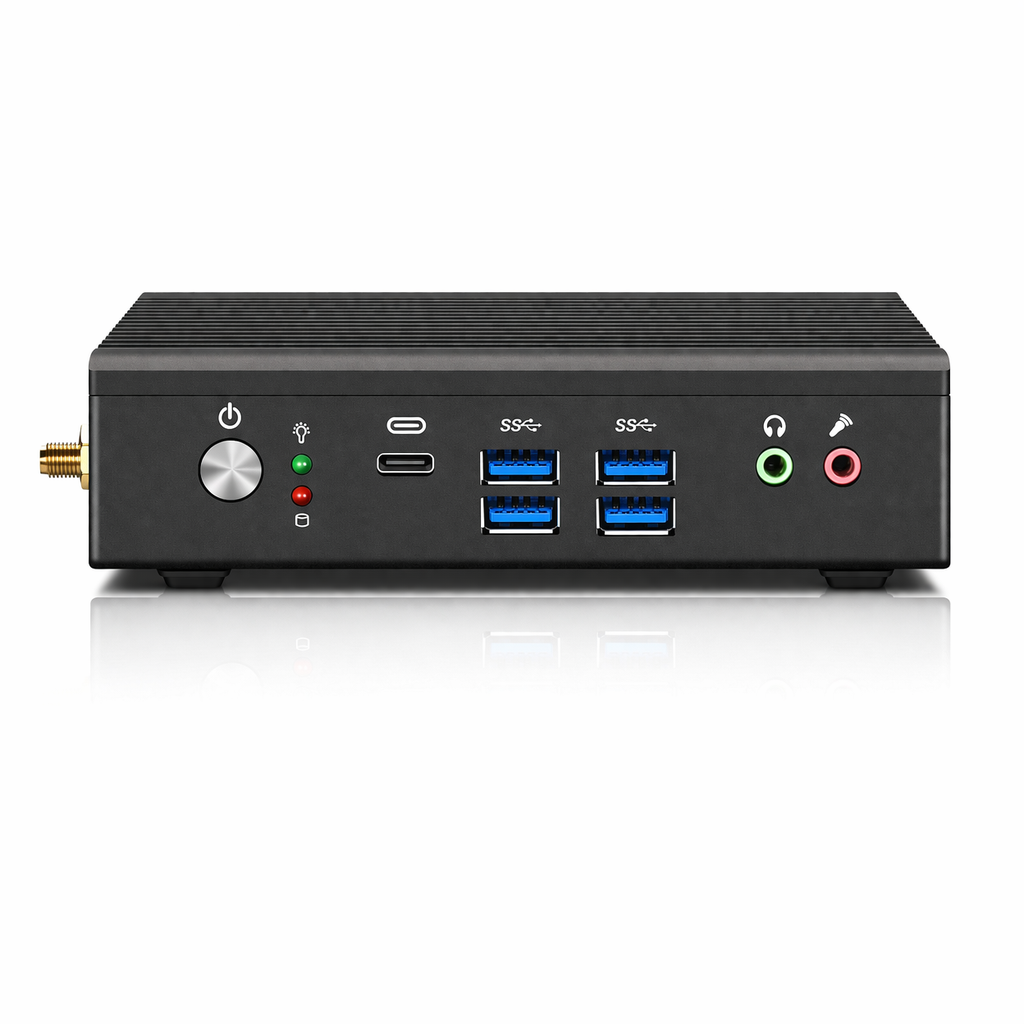 Czarny panel przedni mini PC z przyciskiem zasilania, portami USB-C, USB-A i gniazdami audio.