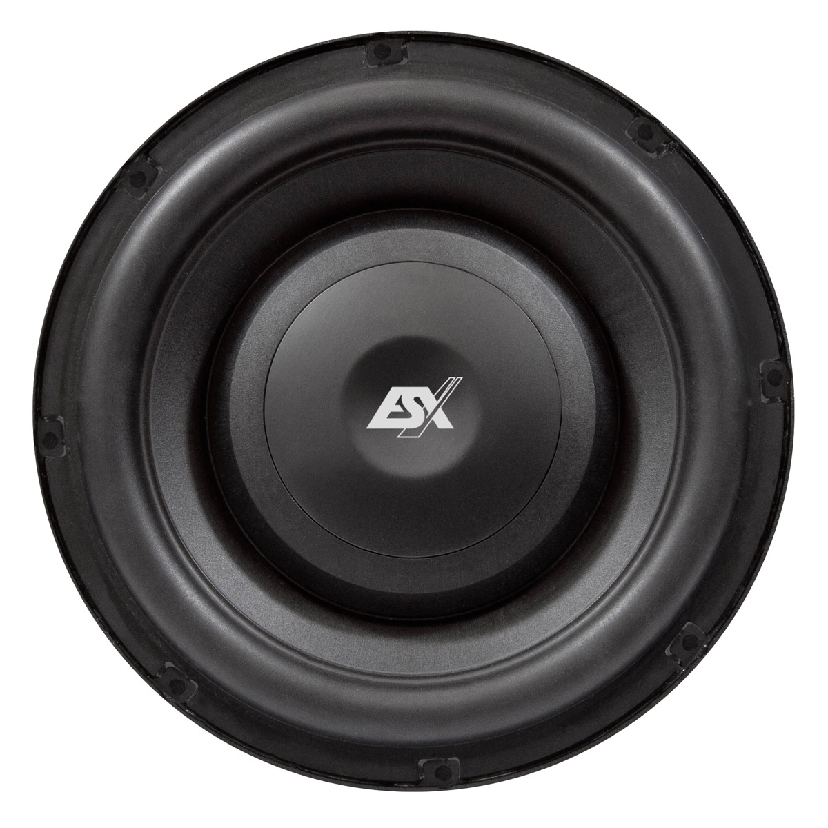 Schwarzer Subwoofer mit silbernem Logo in der Mitte.