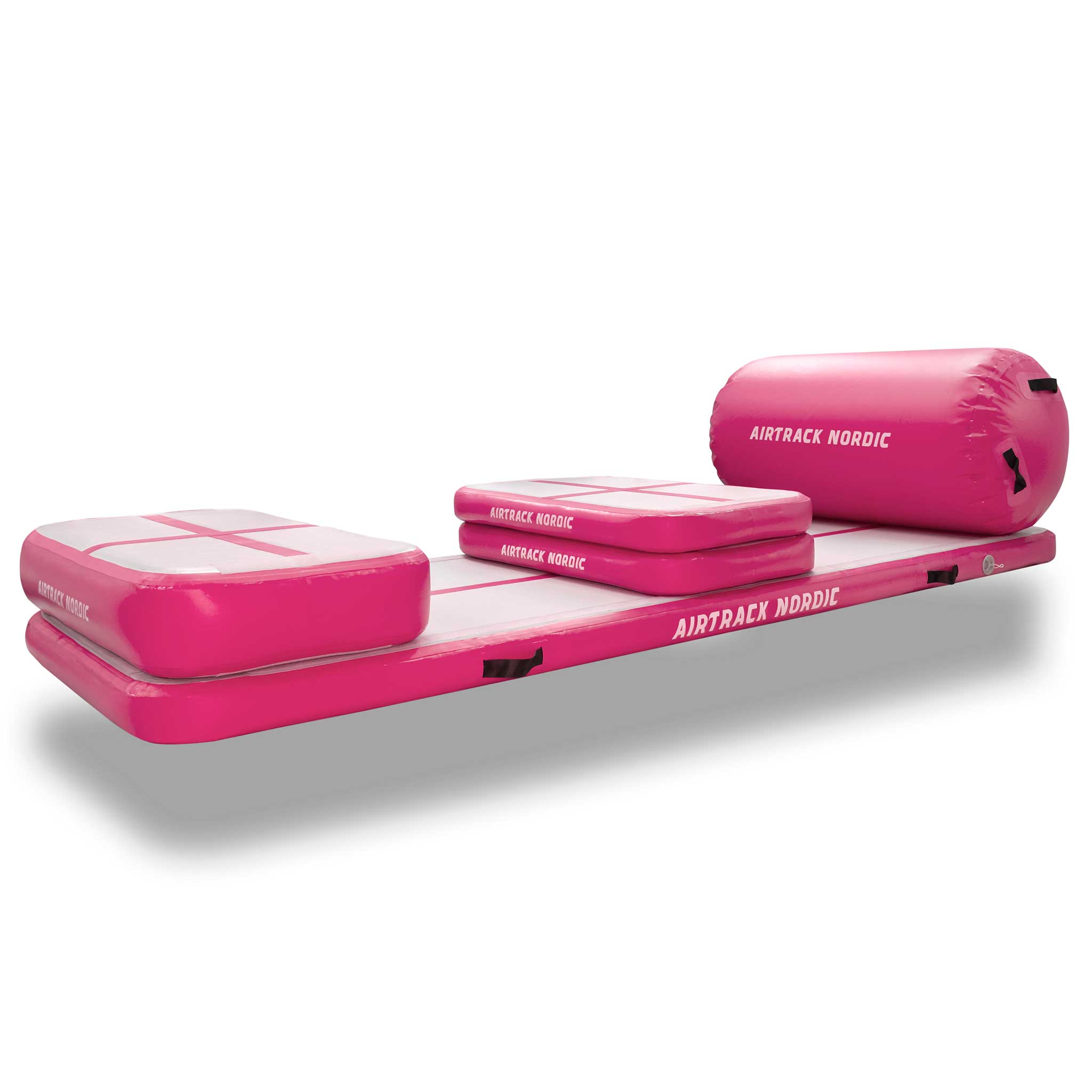 Różowe dmuchane materace gimnastyczne z białą powierzchnią i nadrukiem.