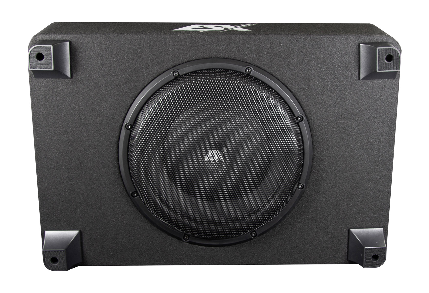 Schwarzer Subwoofer mit Gitterabdeckung und Eckenschutz.