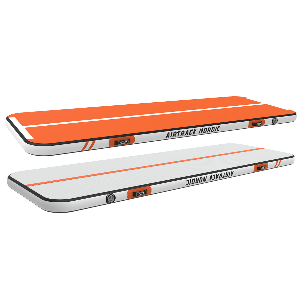 Dwie nadmuchiwane maty gimnastyczne, jedna pomarańczowa, druga biała, obok siebie na białym tle.