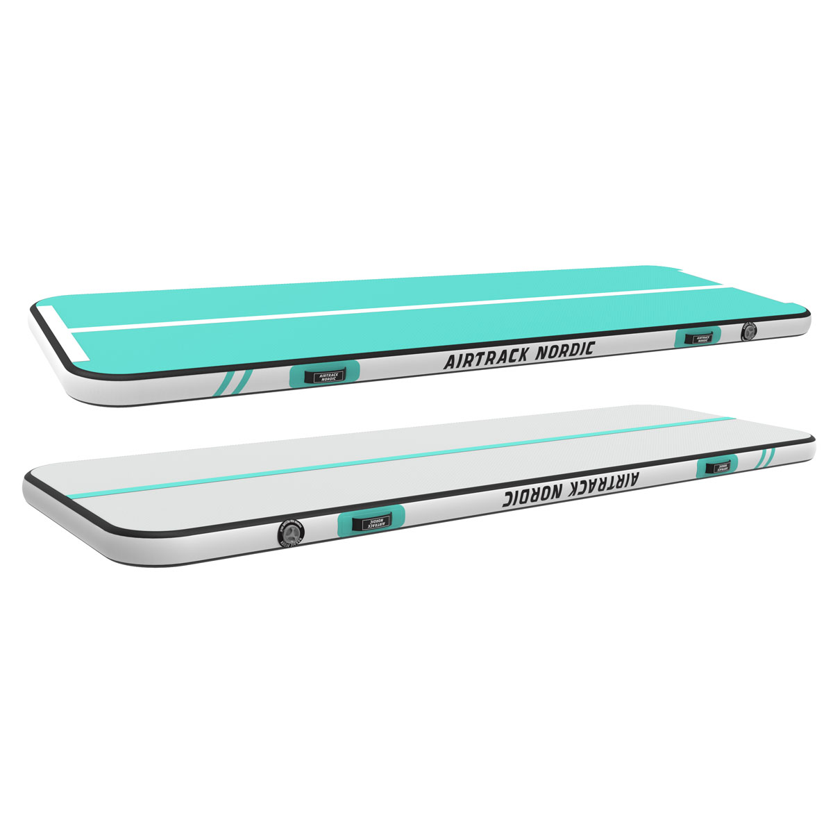 Dwa nadmuchiwane materace gimnastyczne z niebieskimi liniami i napisem "AIRTRACK NORDIC".