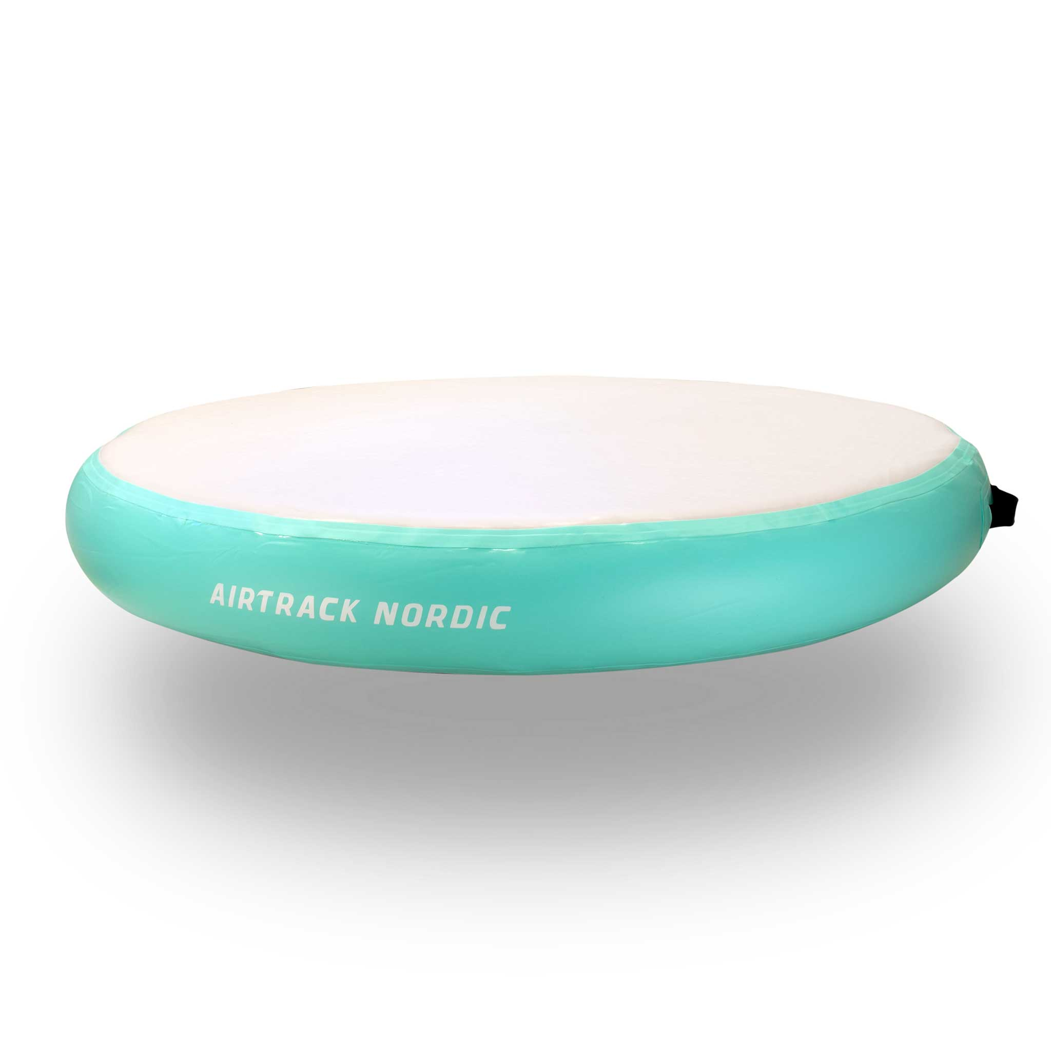 Nadmuchiwany, turkusowy tor powietrzny z białą powierzchnią i czarnym uchwytem.