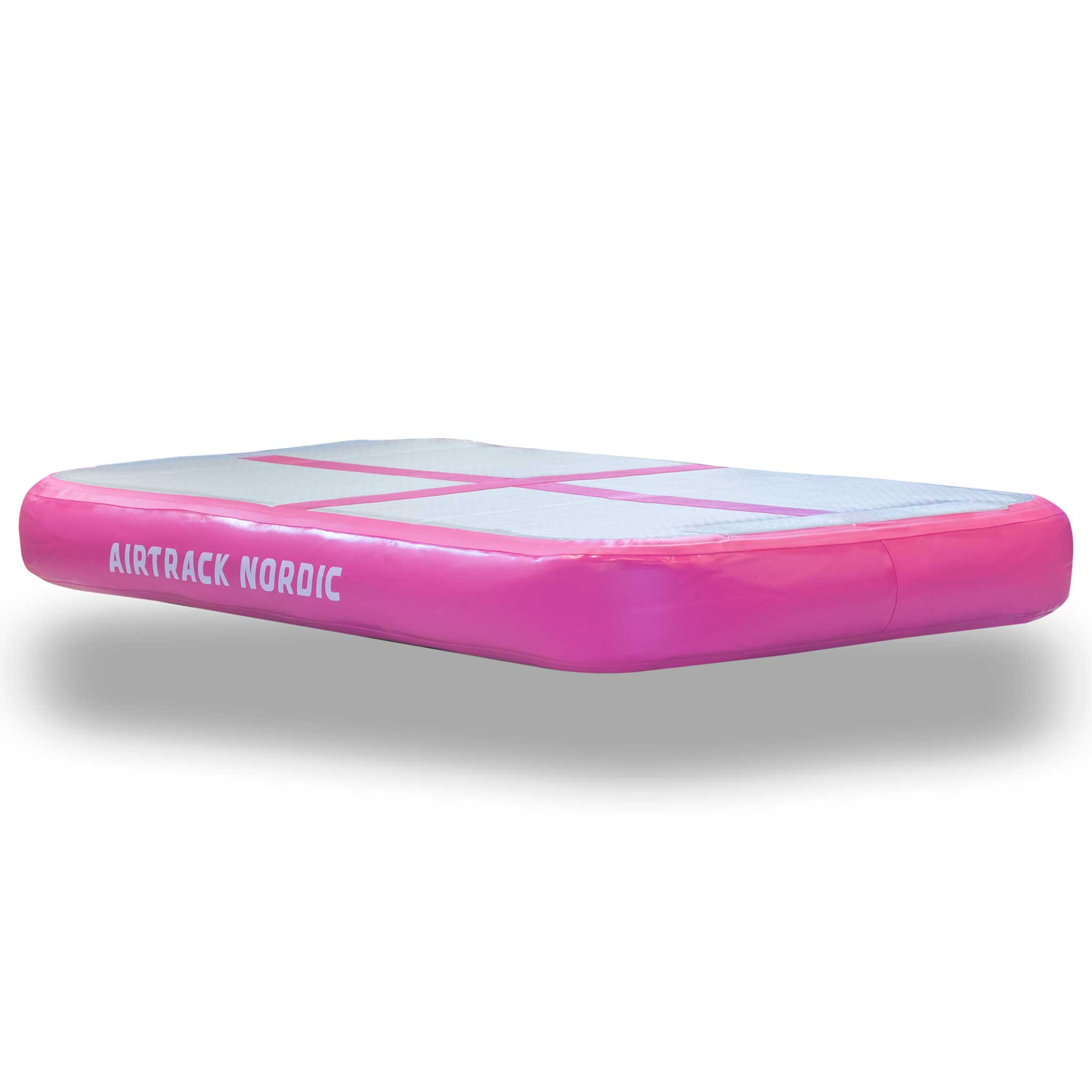 Różowa mata airtrack z białym blatem i różowymi liniami, na białym tle.