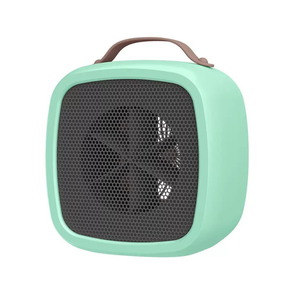 Un calefactor portátil verde menta con rejilla gris oscuro y asa marrón.