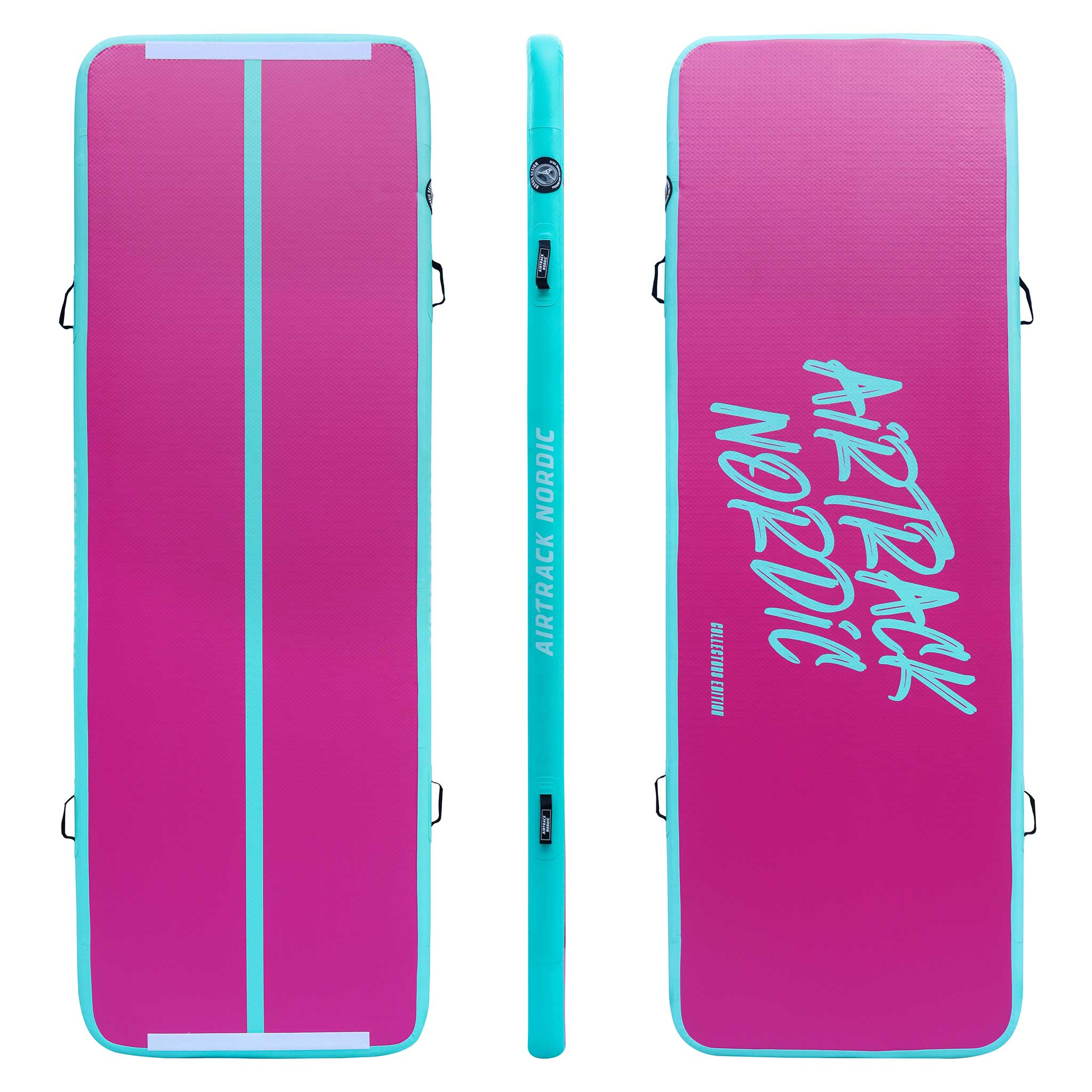 Różowa dmuchana mata gimnastyczna z turkusowymi paskami i obramowaniem.