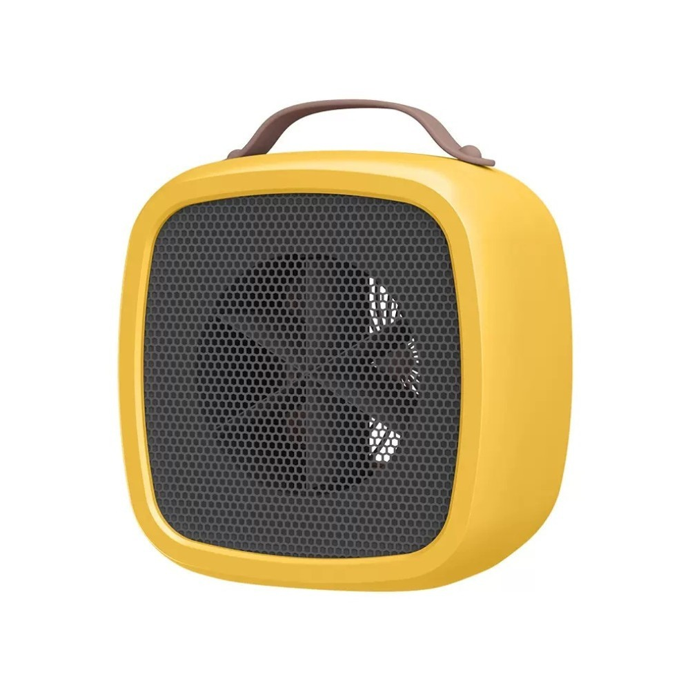 Un calentador ventilador compacto y amarillo con rejilla negra y asa marrón.