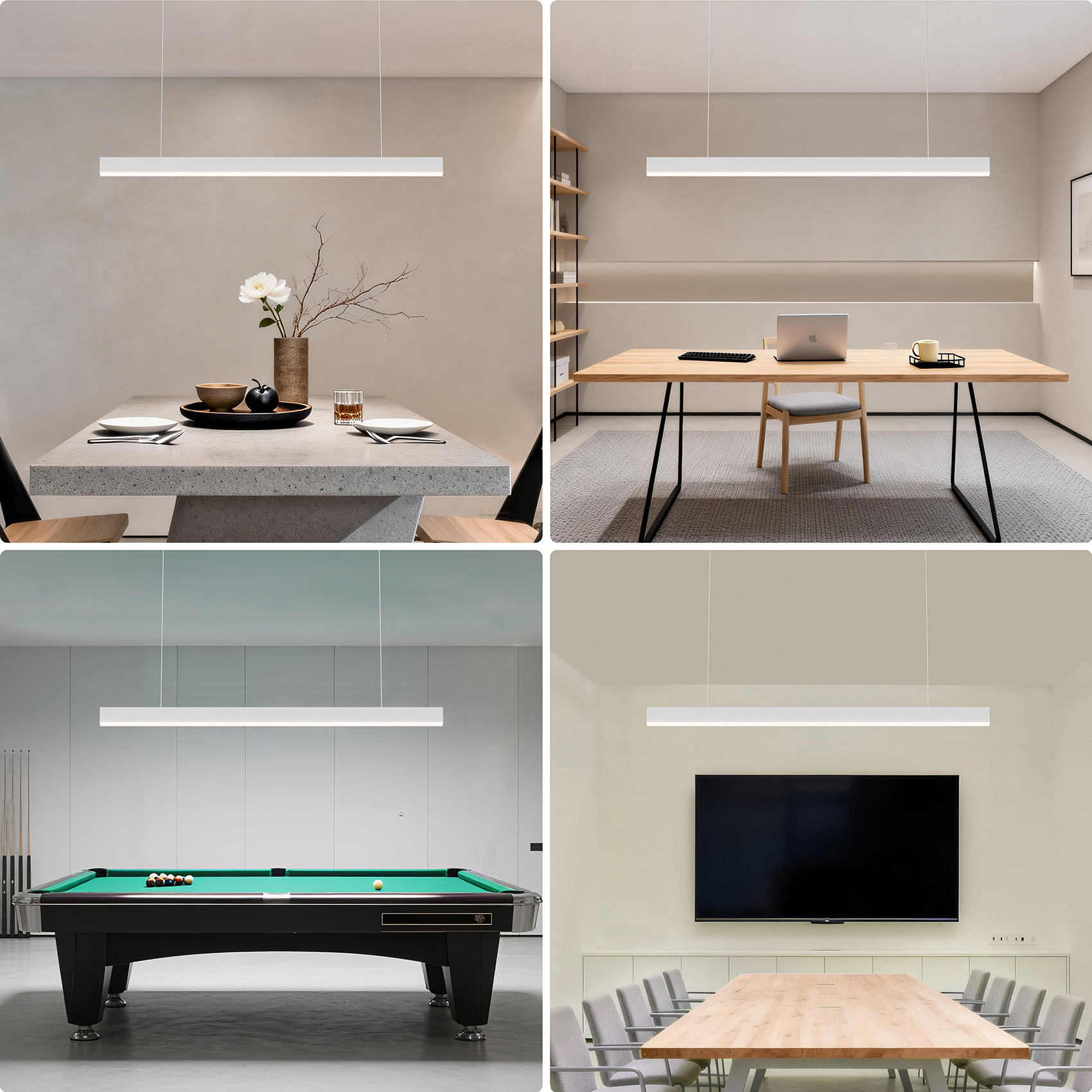Cuatro escenas: Comedor, oficina, mesa de billar, sala de conferencias, todas con luces colgantes lineales.
