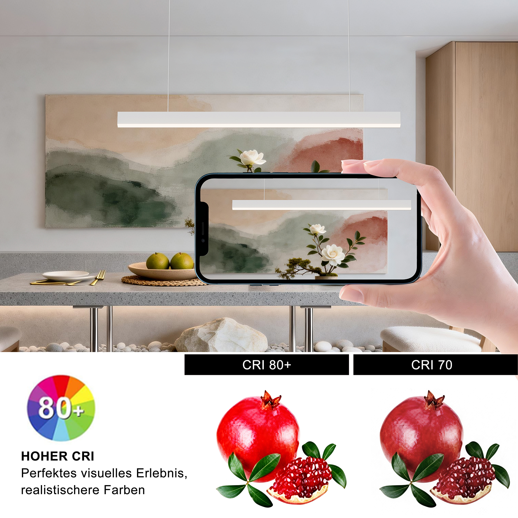 Una mano sostiene un smartphone delante de una lámpara colgante, junto a granadas.