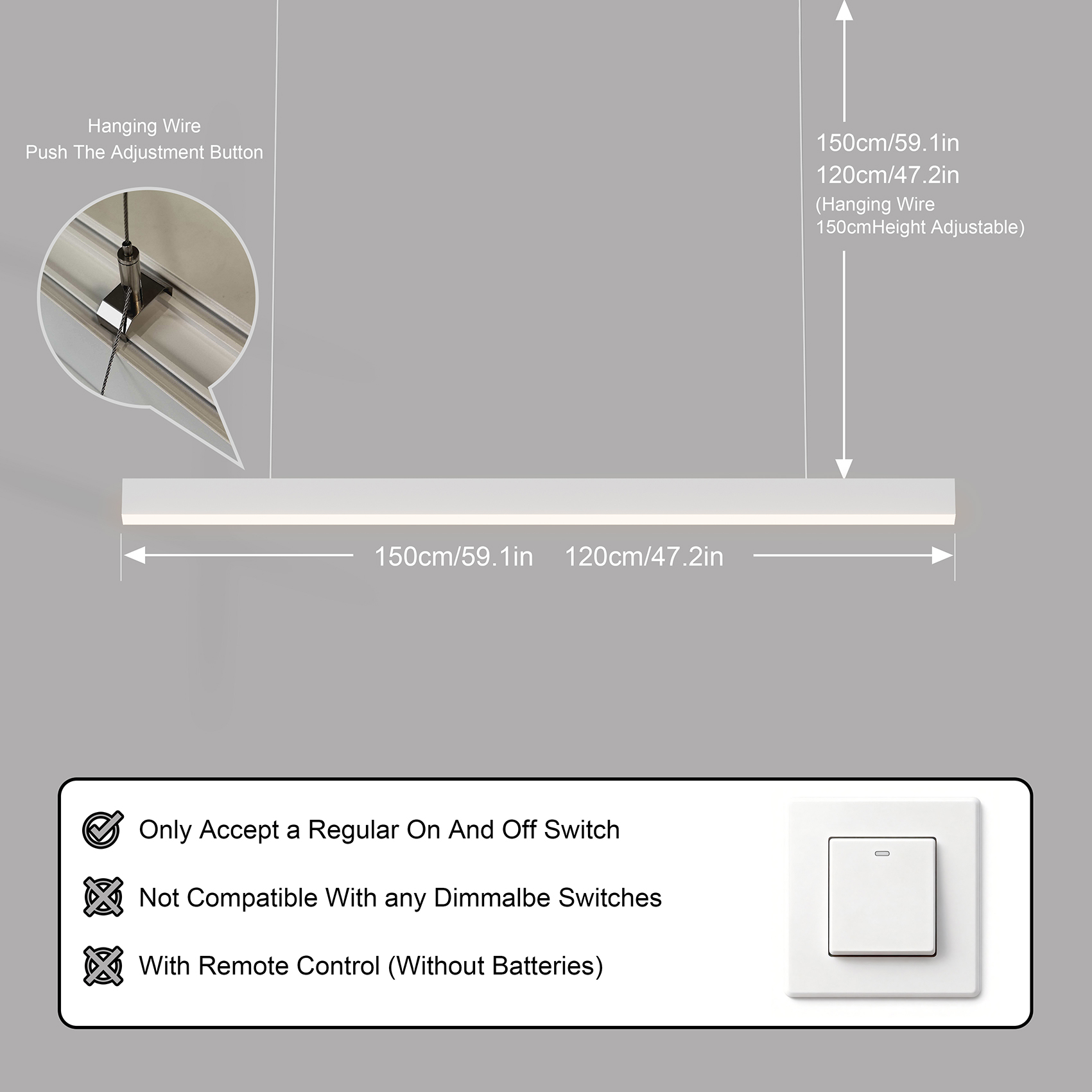 Luminaria blanca larga con cable colgante ajustable y dimensiones.