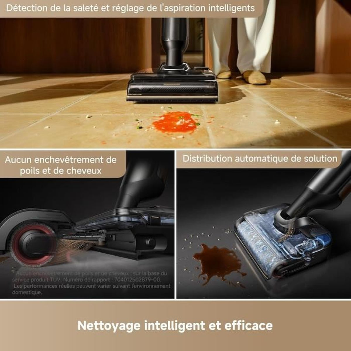 Aspirapolvere pulisce liquido arancione e capelli sul pavimento.