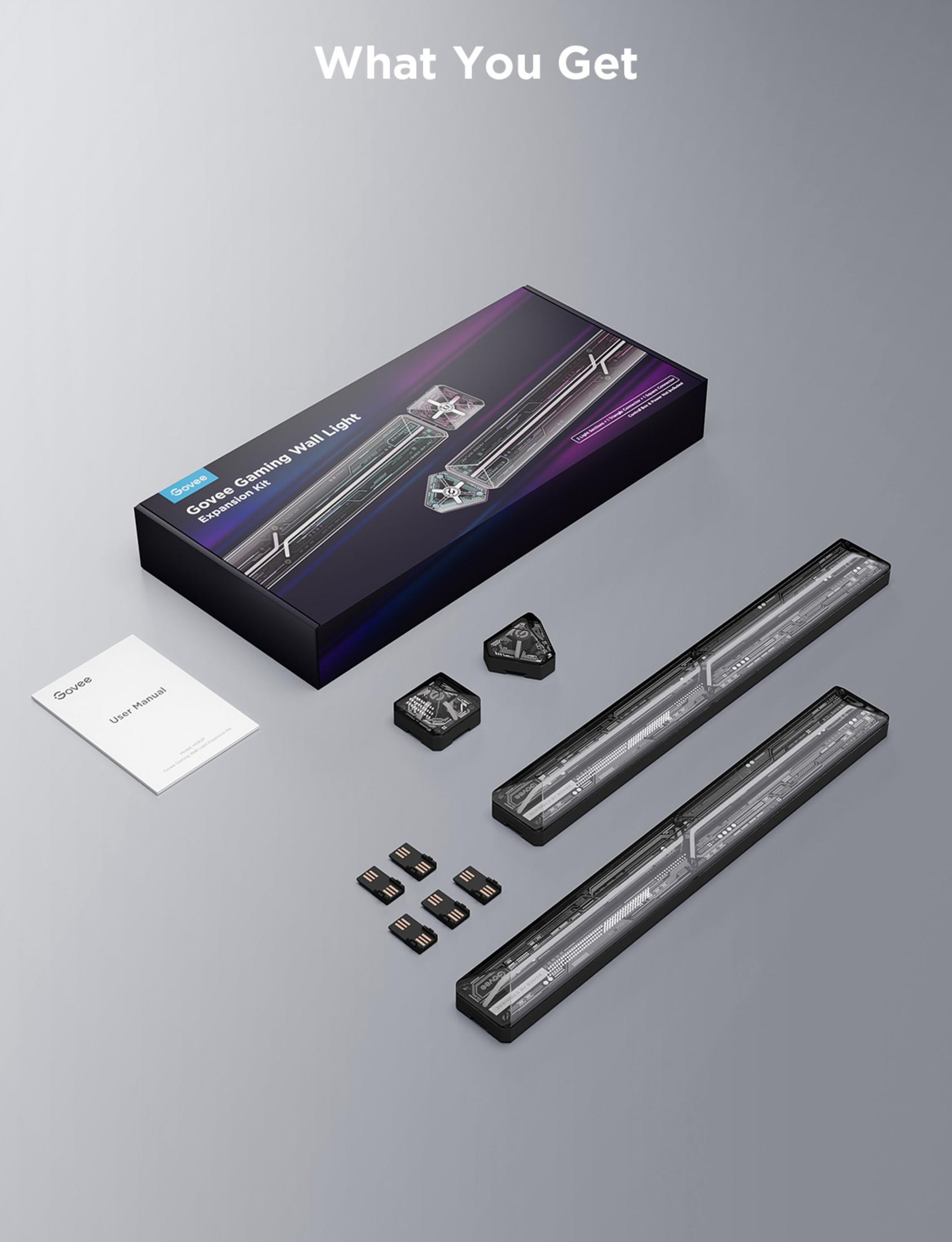 Kit di espansione Govee Gaming Wall Light con accessori e manuale.