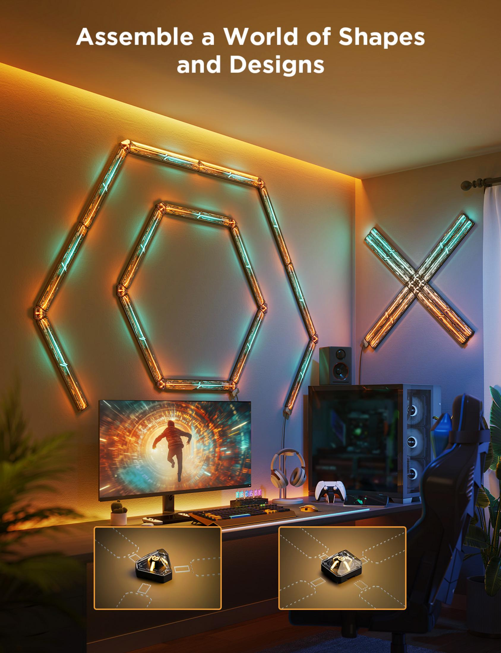 Una scrivania da gaming con pannelli murali illuminati e un monitor che mostra un gioco.