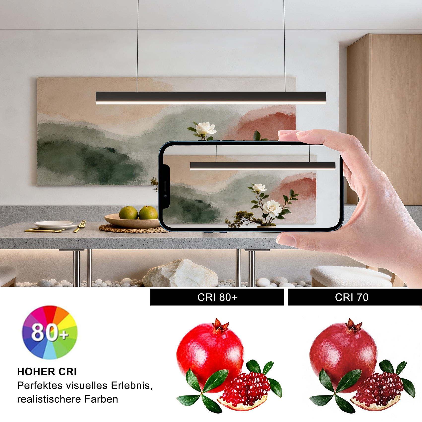 Mano sosteniendo smartphone frente a lámpara colgante de cocina, comparando CRI 80+ y 70 con granadas.