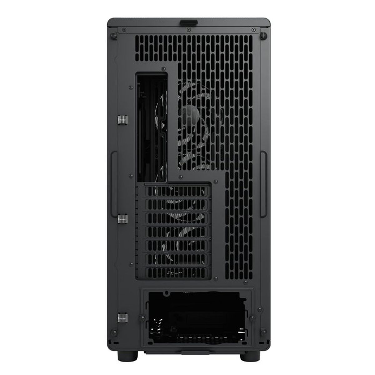 Vista posteriore di un case per computer nero con griglie per ventole e porte.