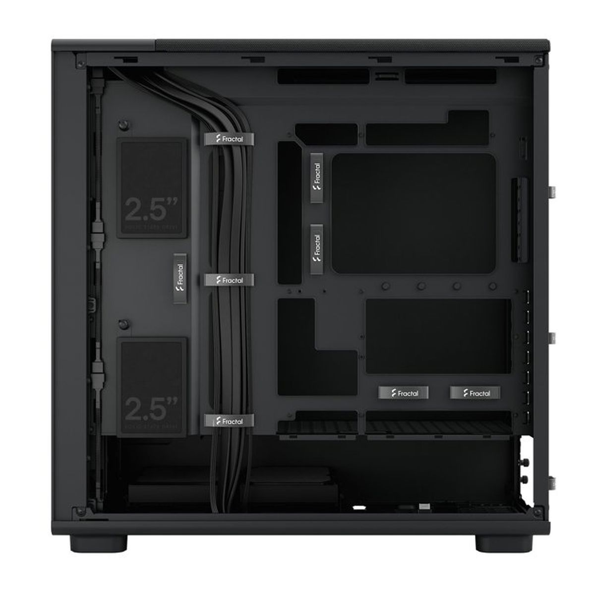 Interno del case del computer nero con gestione cavi visibile e supporti per unità da 2,5".