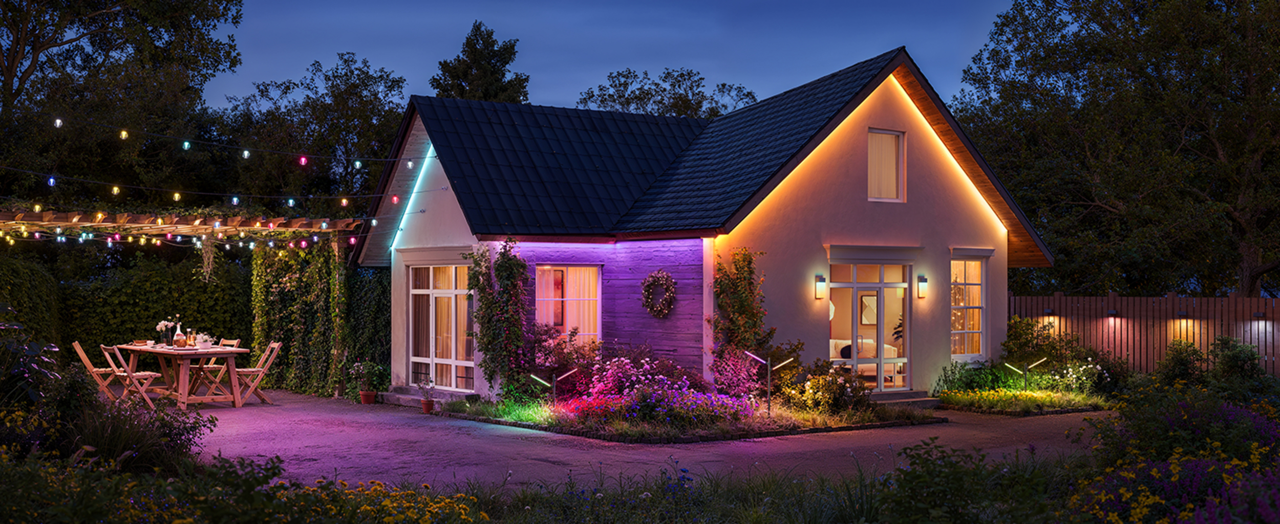 Ein Haus mit bunten Lichtern geschmückt bei Nacht. Ein Tisch steht draußen.
