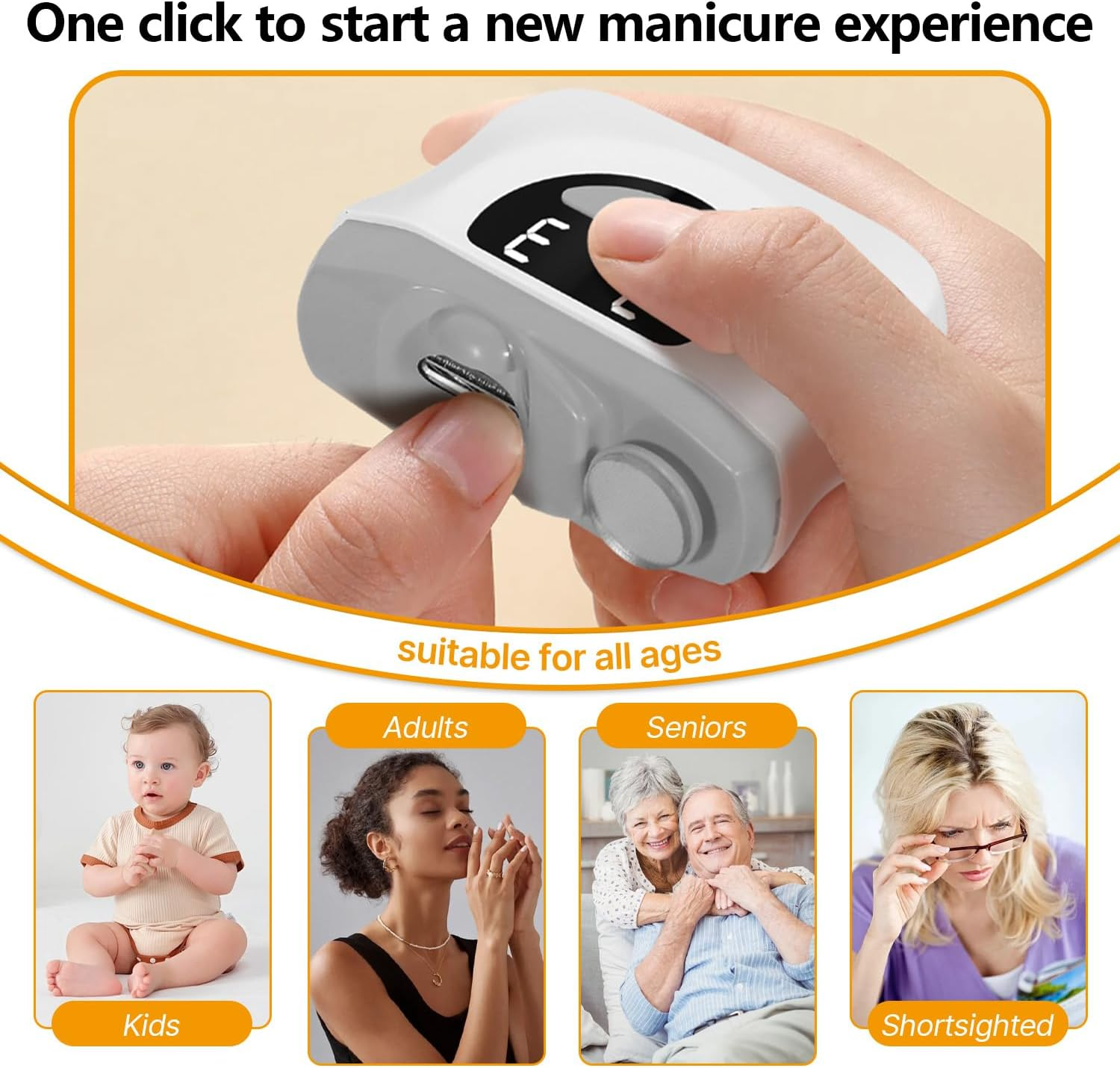 Nahaufnahme einer Hand, die ein Maniküre-Gerät bedient. Darunter Bilder von Kindern, Erwachsenen, Senioren und Kurzsichtigen.