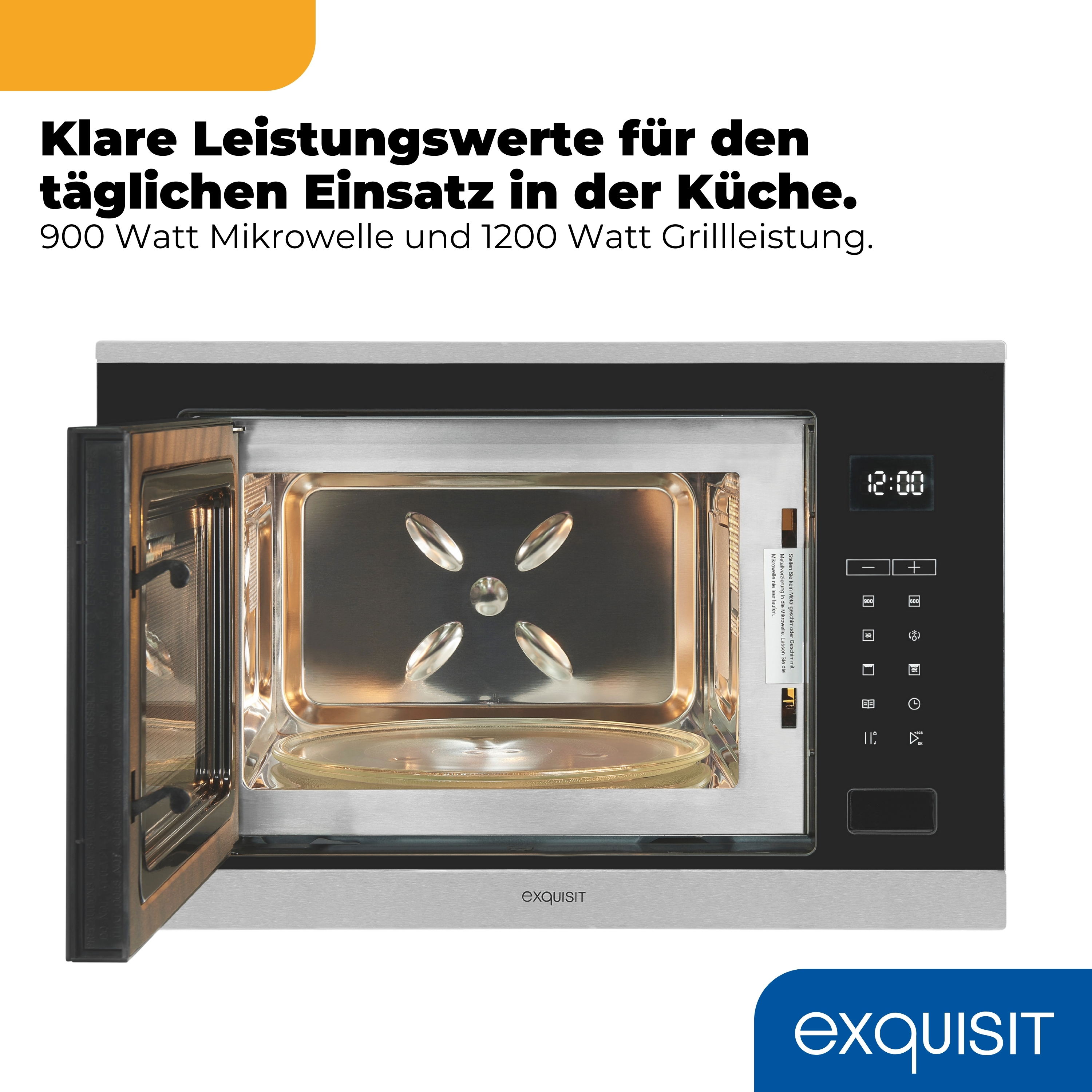 Edelstahl-Mikrowelle mit offener Tür, digitales Display und Bedienfeld.