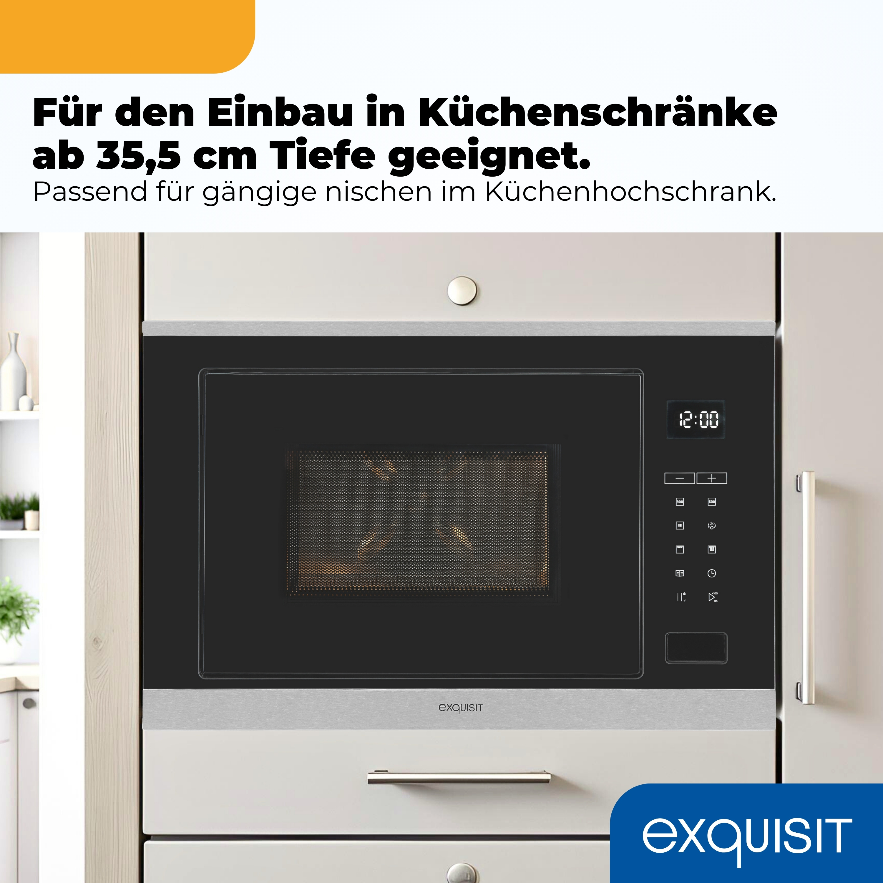 Einbau-Mikrowelle mit digitaler Anzeige und Bedienelementen in einer Küche.