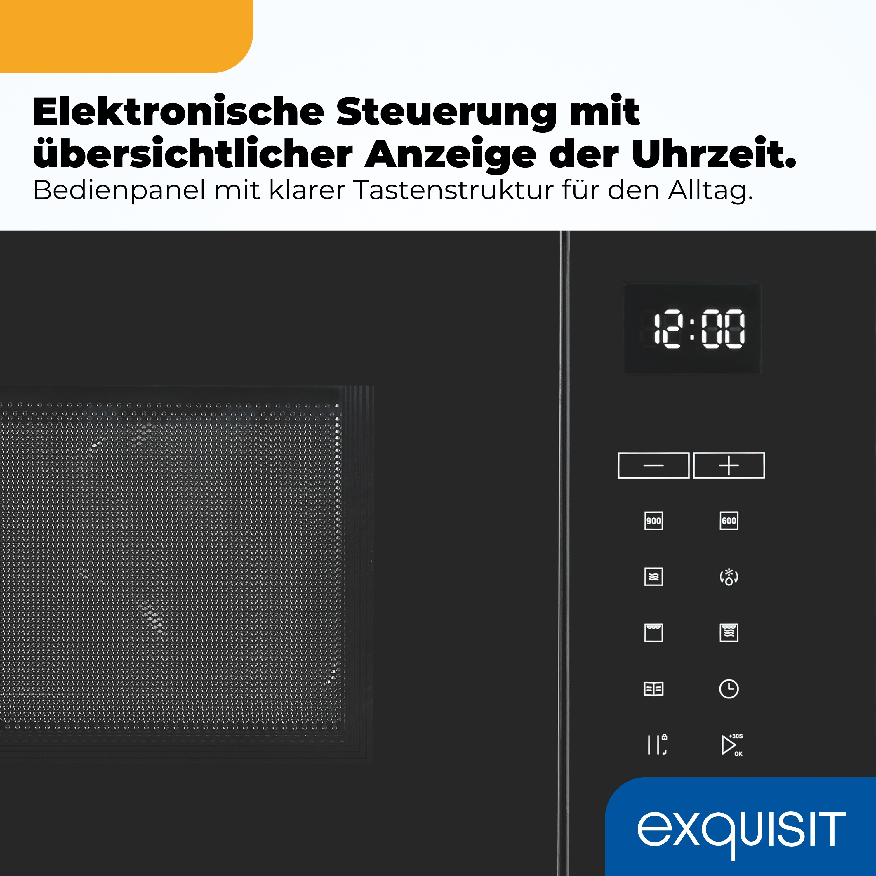 Schwarze Mikrowelle mit digitaler Zeitanzeige und Bedienelementen.