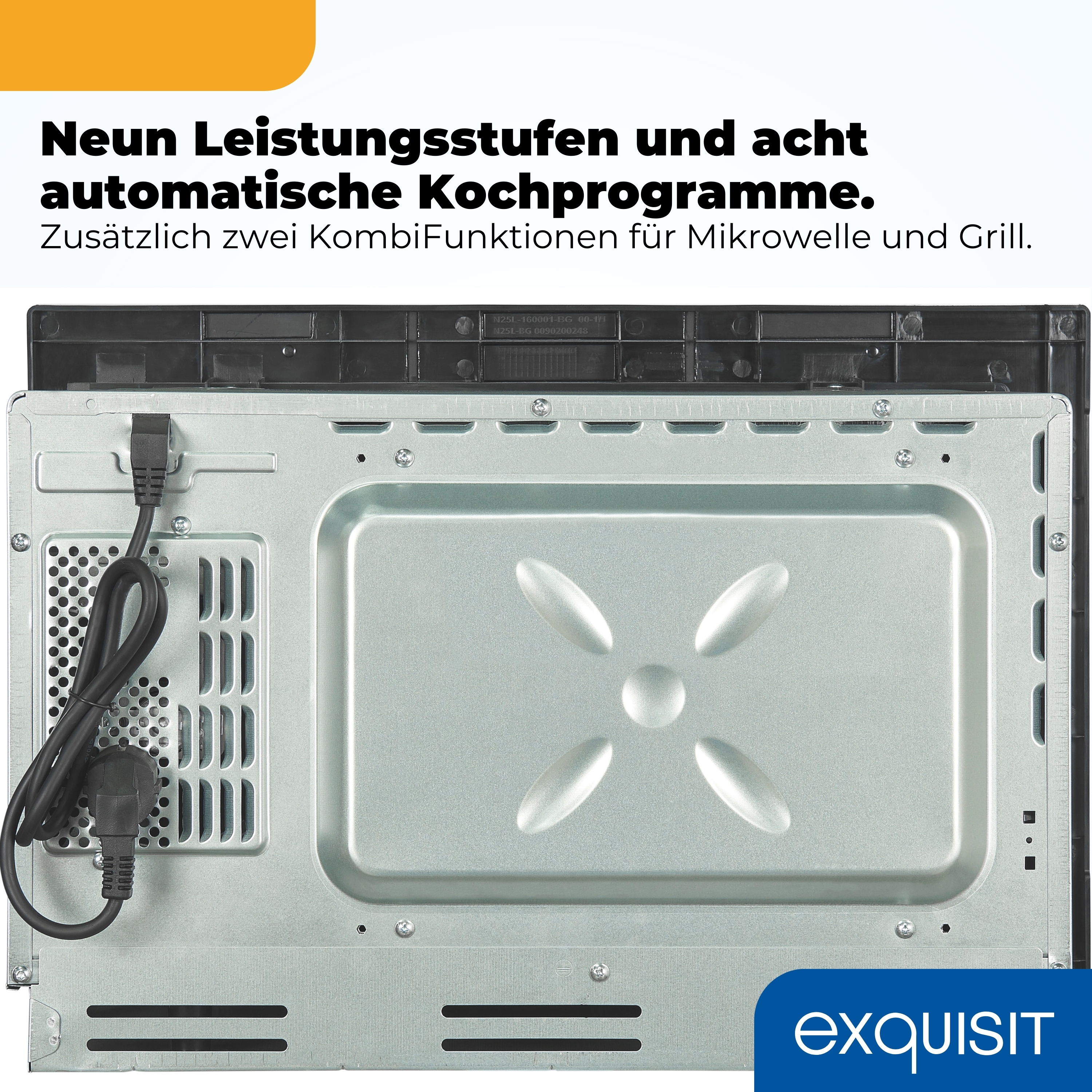 Rückseite eines Mikrowellenherds mit Kabel und Lüftungsschlitzen.