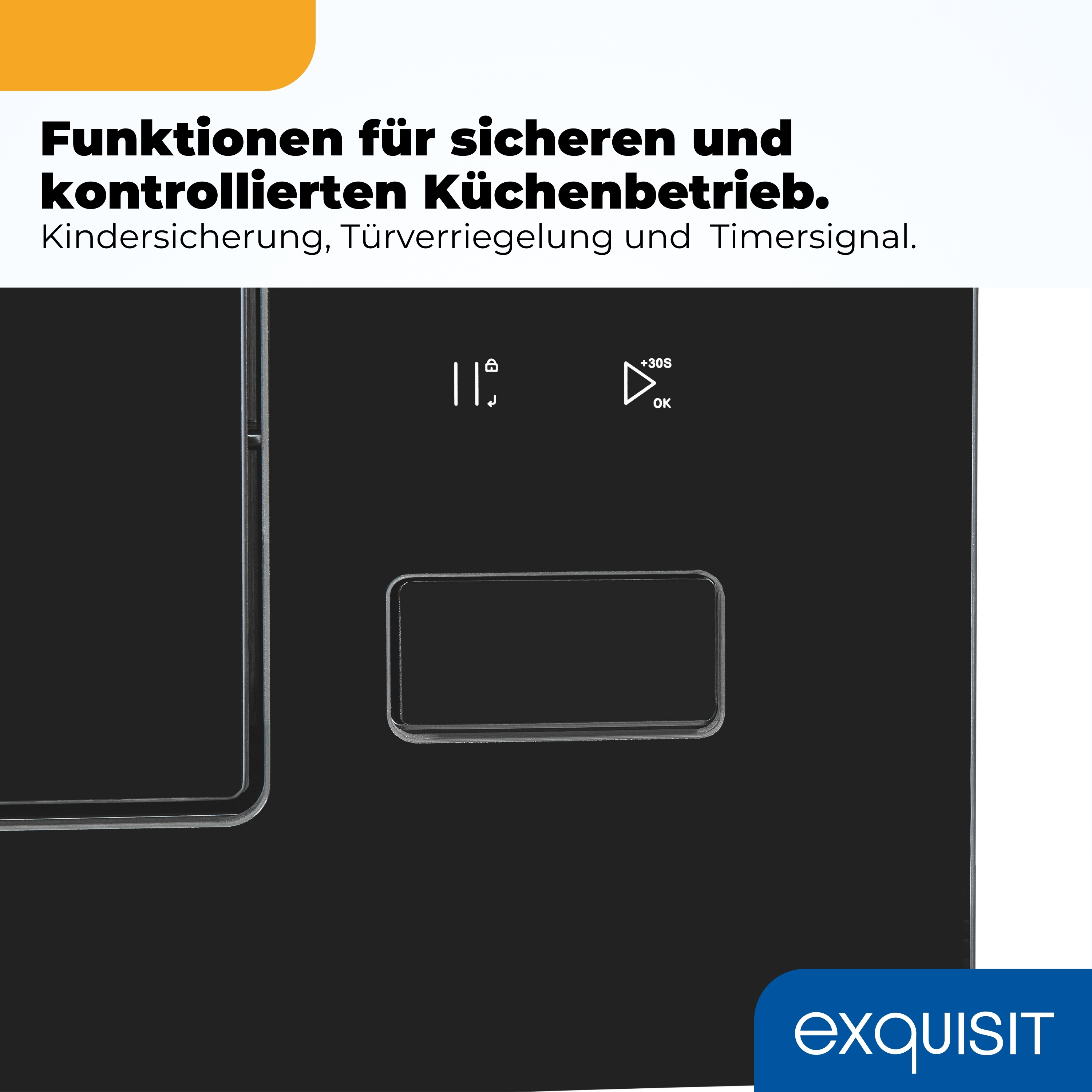 Nahaufnahme eines schwarzen Bedienfelds mit Symbolen für Kindersicherung und Timer.