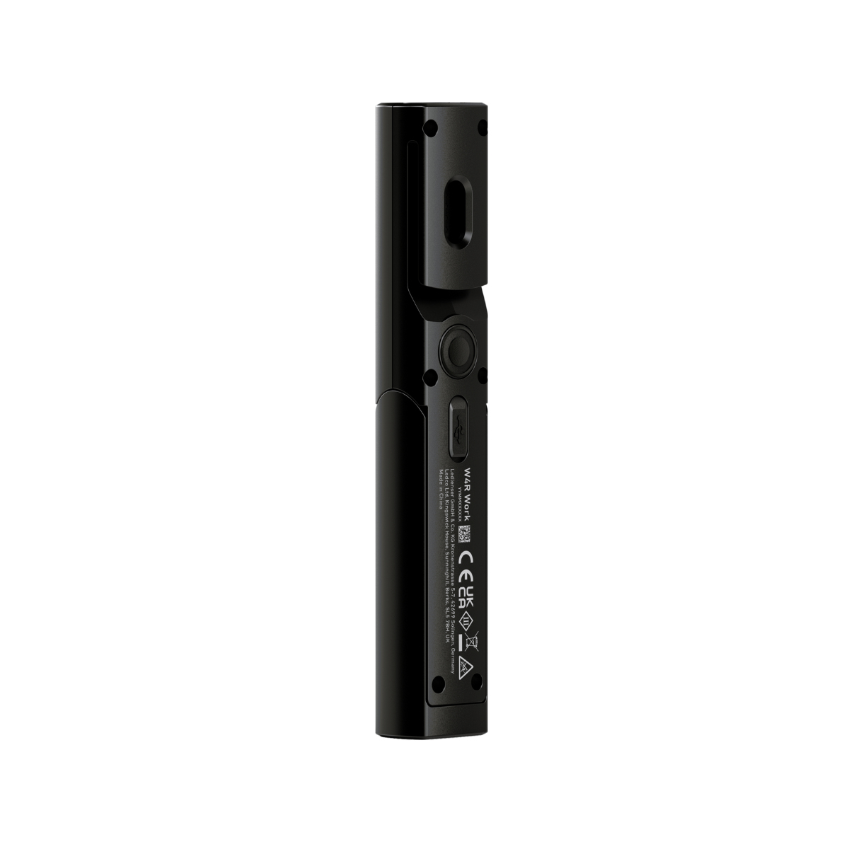 Schwarze Taschenlampe mit USB-Anschluss und CE/UKCA-Siegeln.