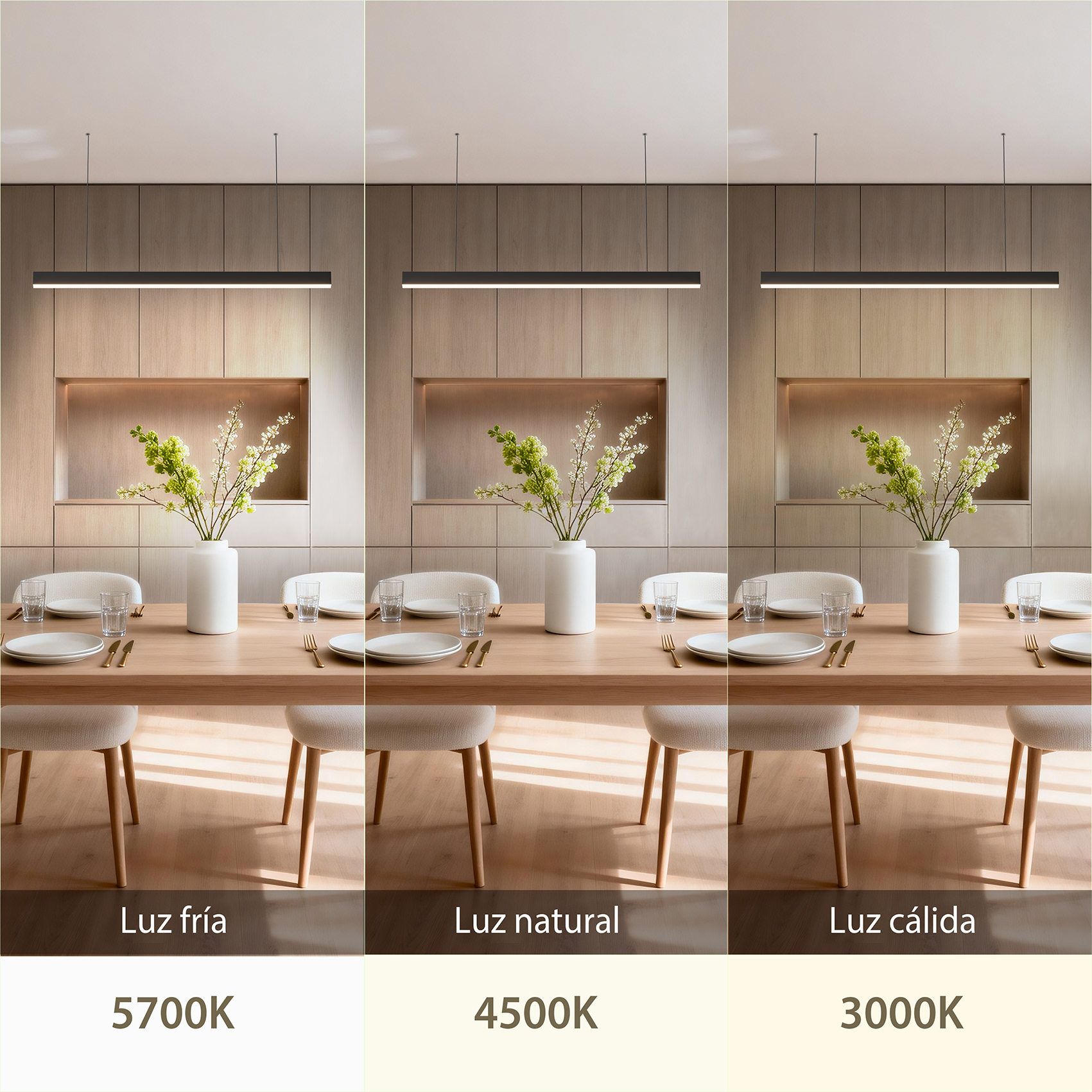 Mesa de comedor con tres colores de luz diferentes: blanco frío, blanco natural y cálido.