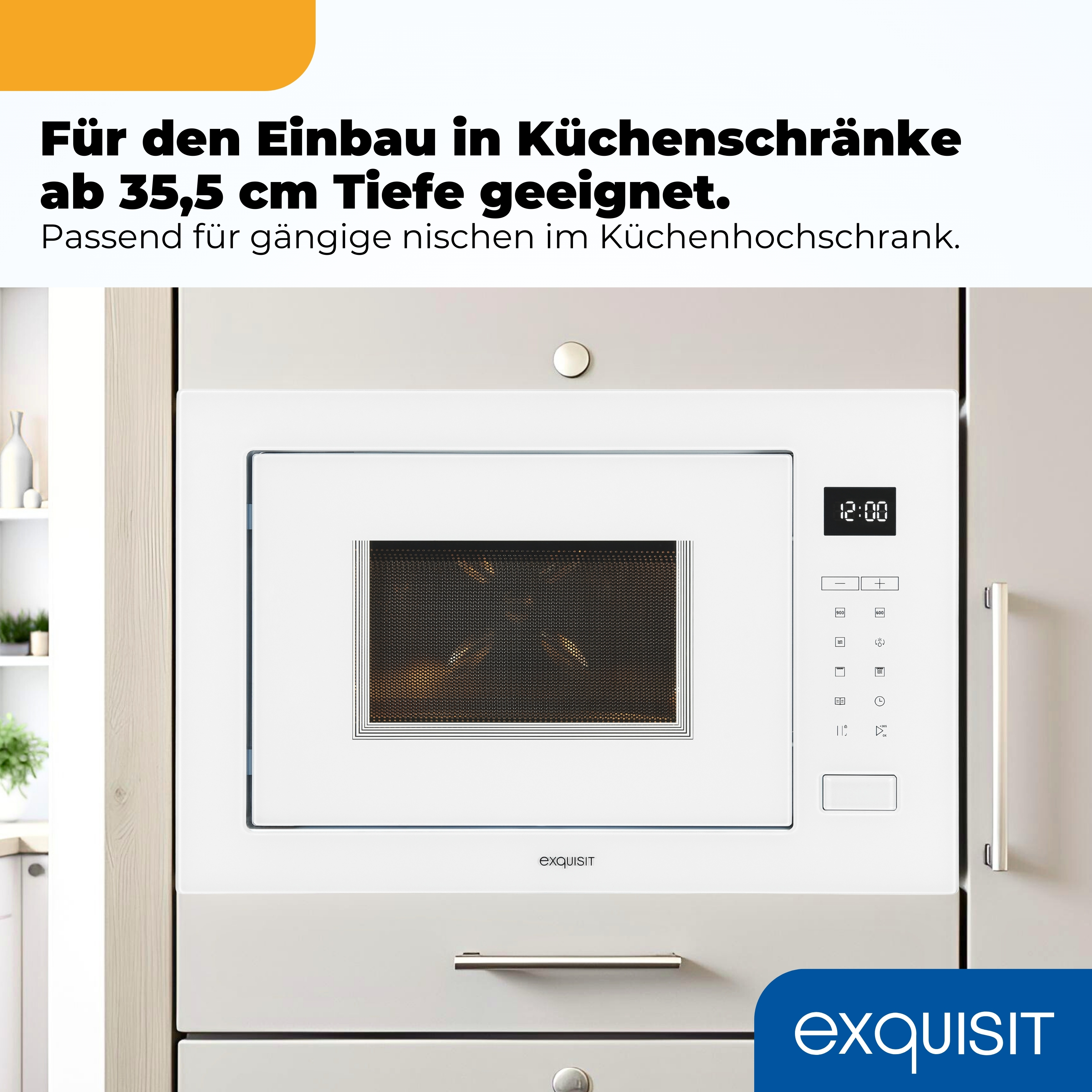 Einbau-Mikrowelle in weiß mit schwarzem Display und Bedientasten.