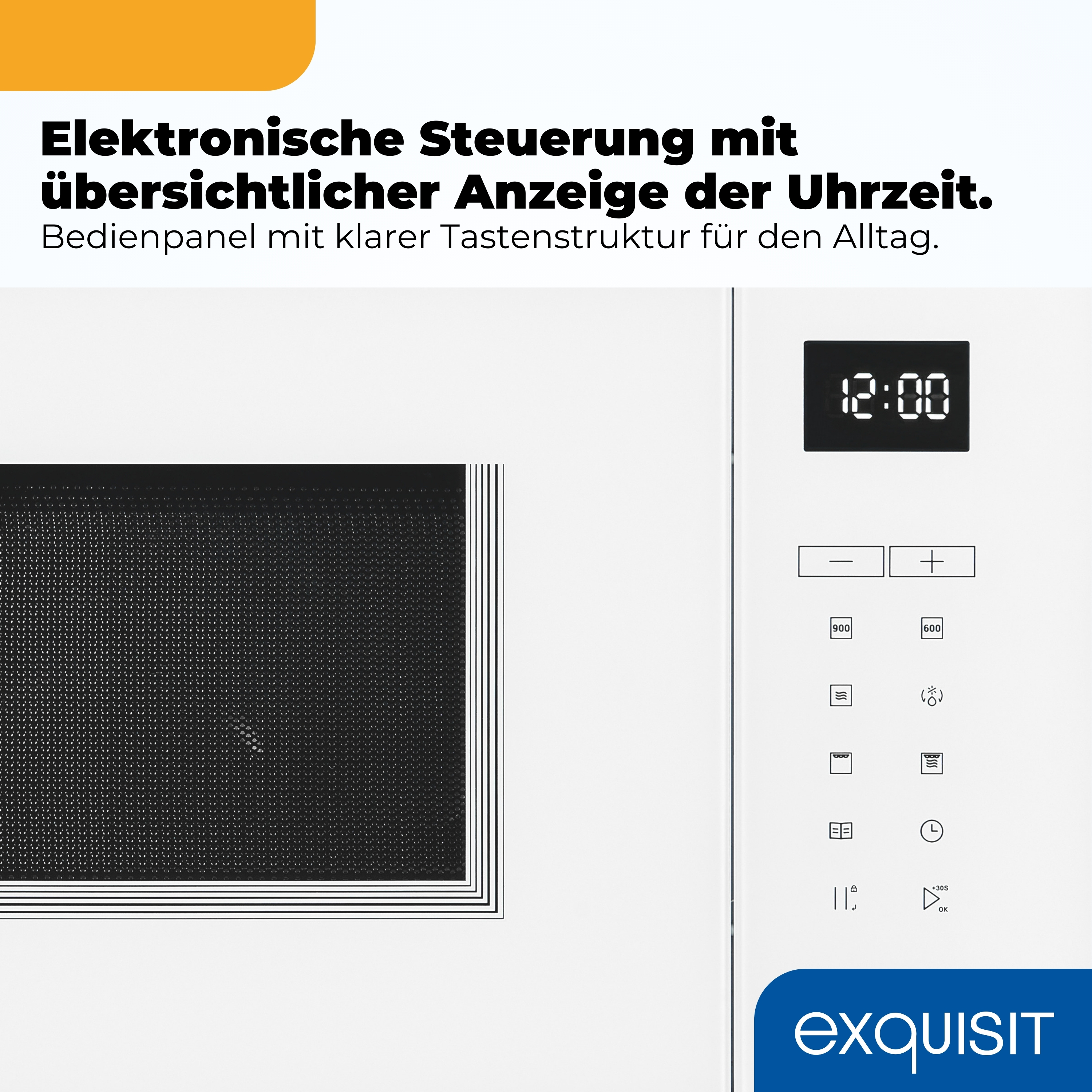 Eine Mikrowelle mit digitaler Uhrzeit und Bedienfeld.