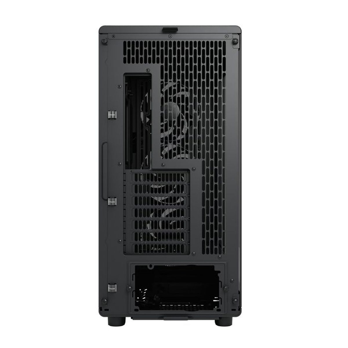 Il retro di un case per computer nero con ventole e prese d'aria.