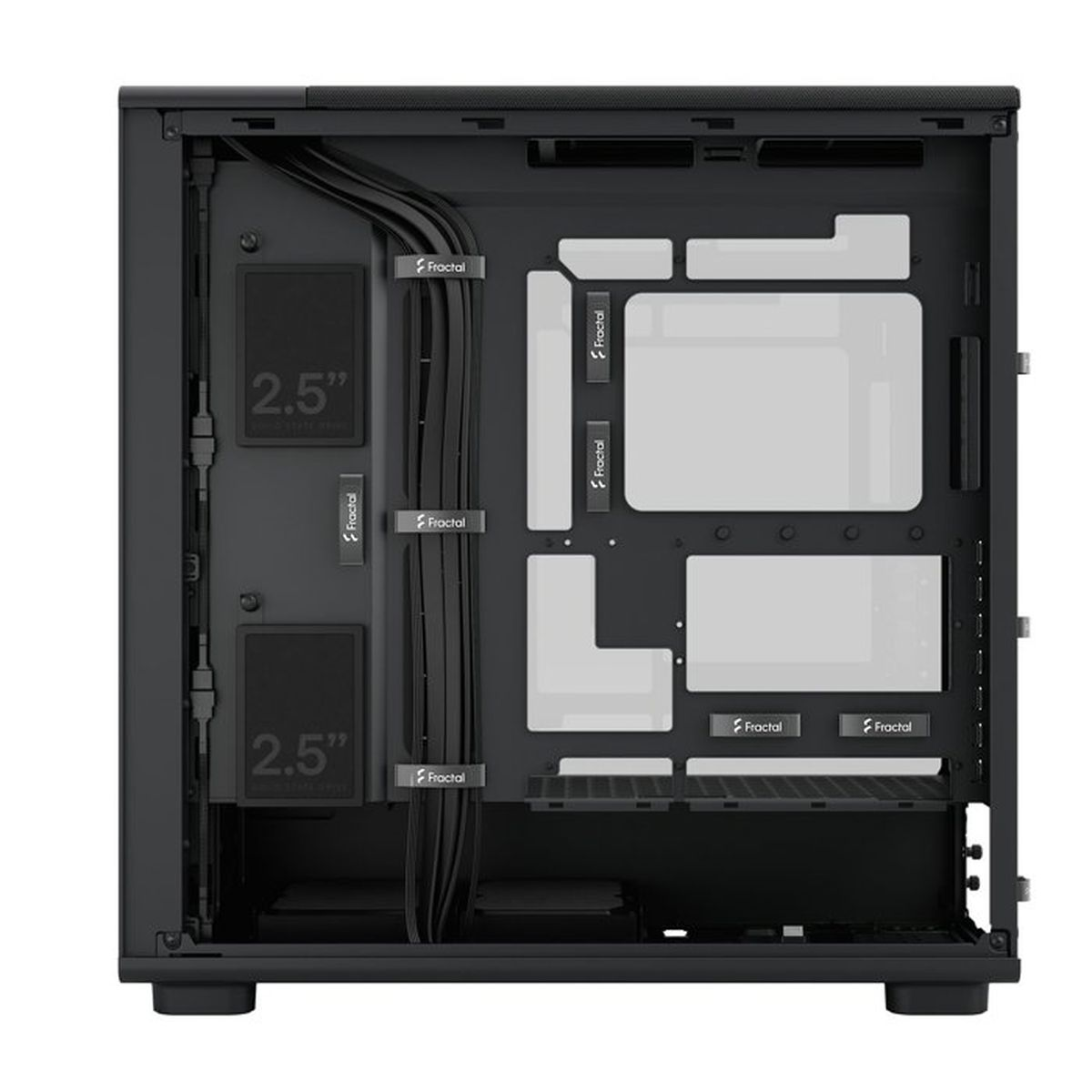 Interno di case PC nero con gestione cavi e alloggiamenti per unità visibili.