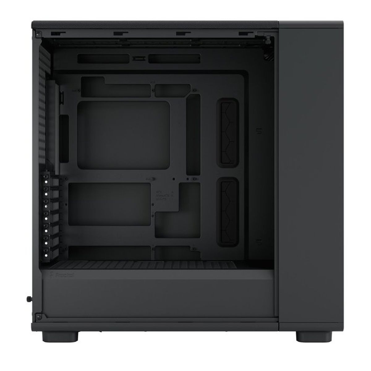 Un case per computer nero con interno aperto, che mostra punti di montaggio e prese d'aria.