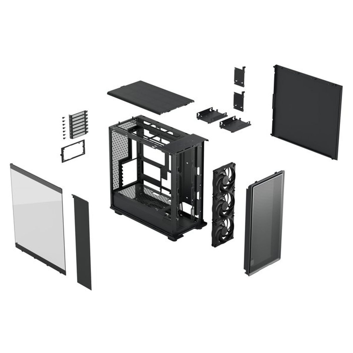 Un kit di case per computer nero con varie parti tra cui telaio, ventole e pannelli.