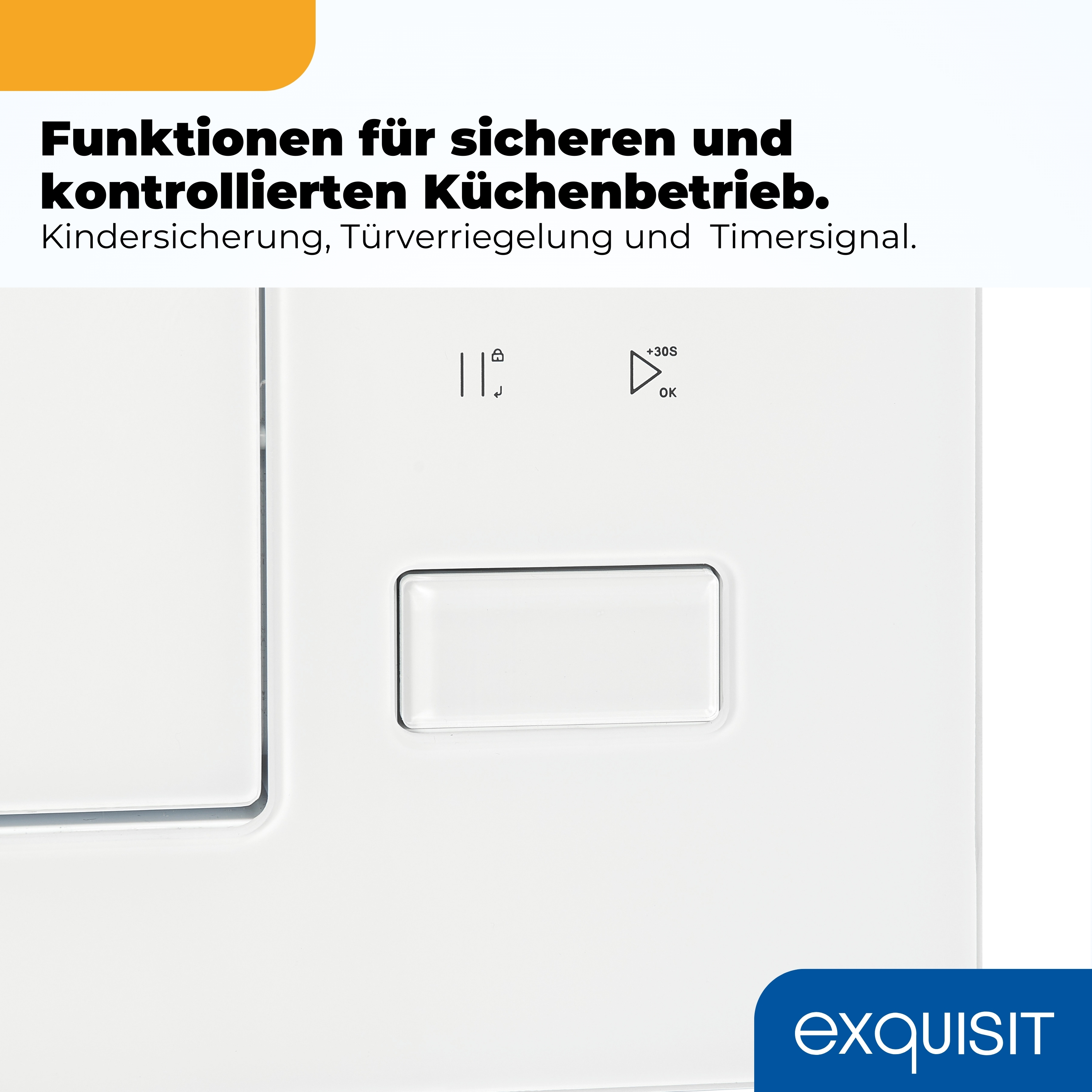 Nahaufnahme eines weißen Bedienfelds mit Symbolen für Kindersicherung und Timer.