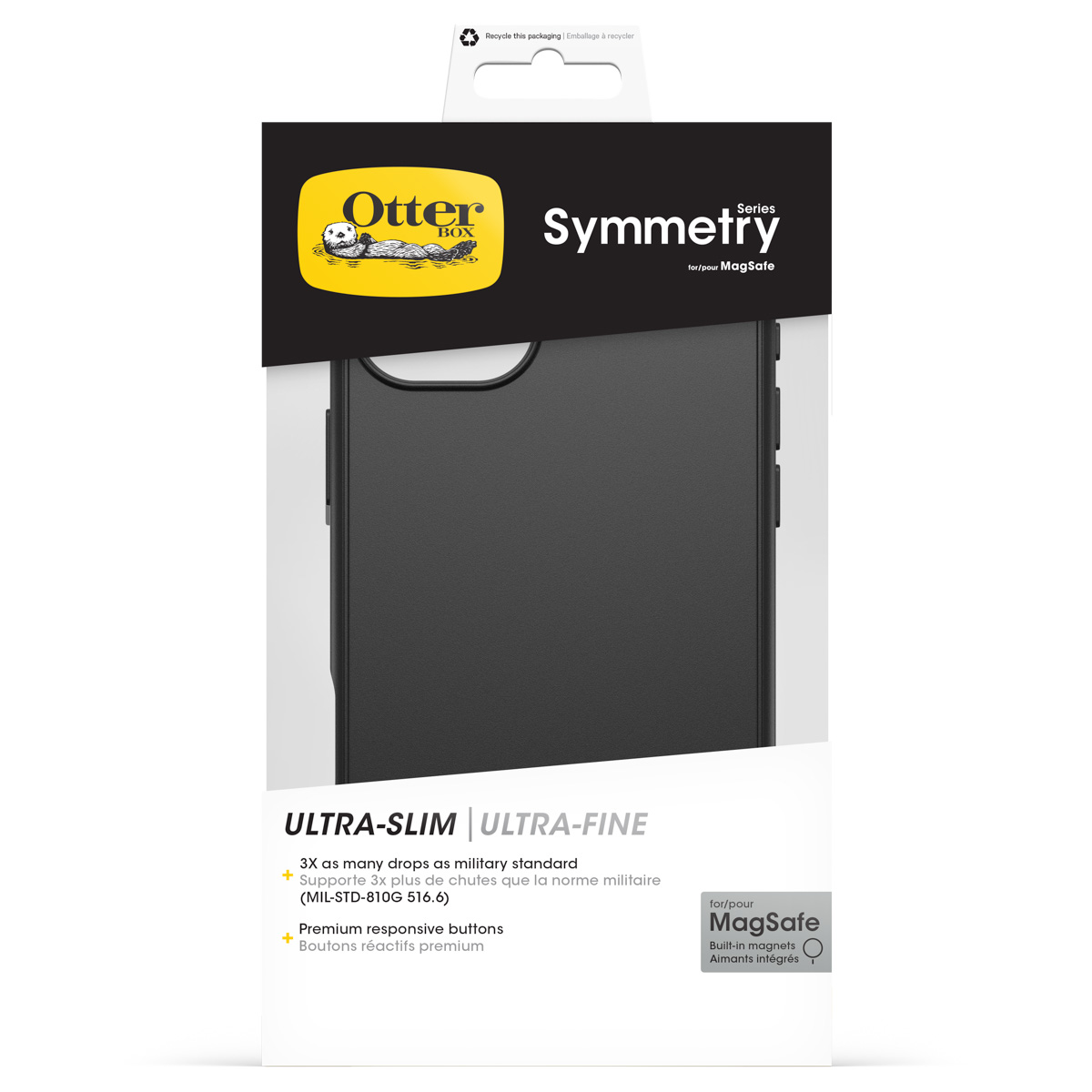 Étui OtterBox Symmetry MagSafe noir, ultra-mince.