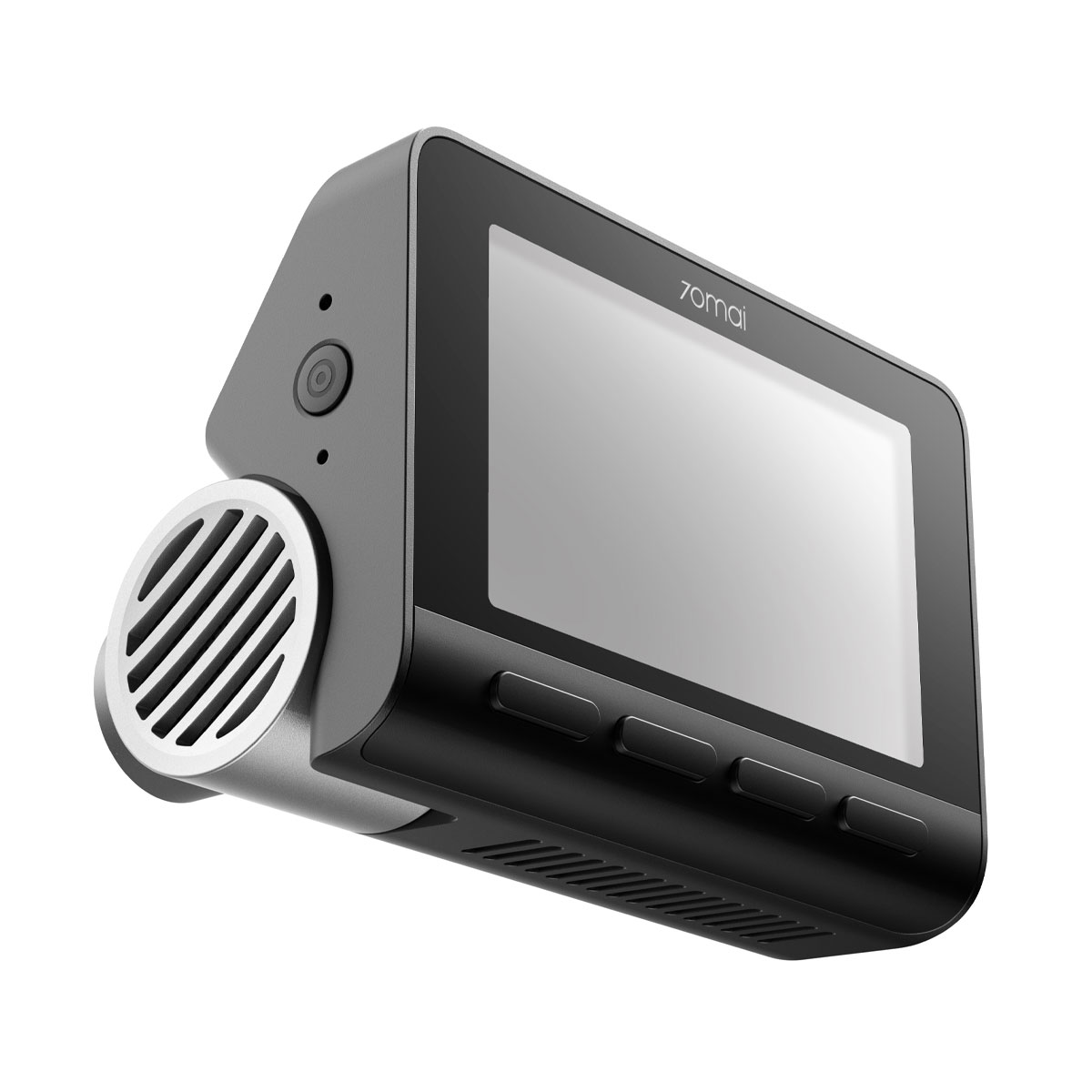 Gray dashcam with silver vent, camera lens and screen. 70mai logo.
