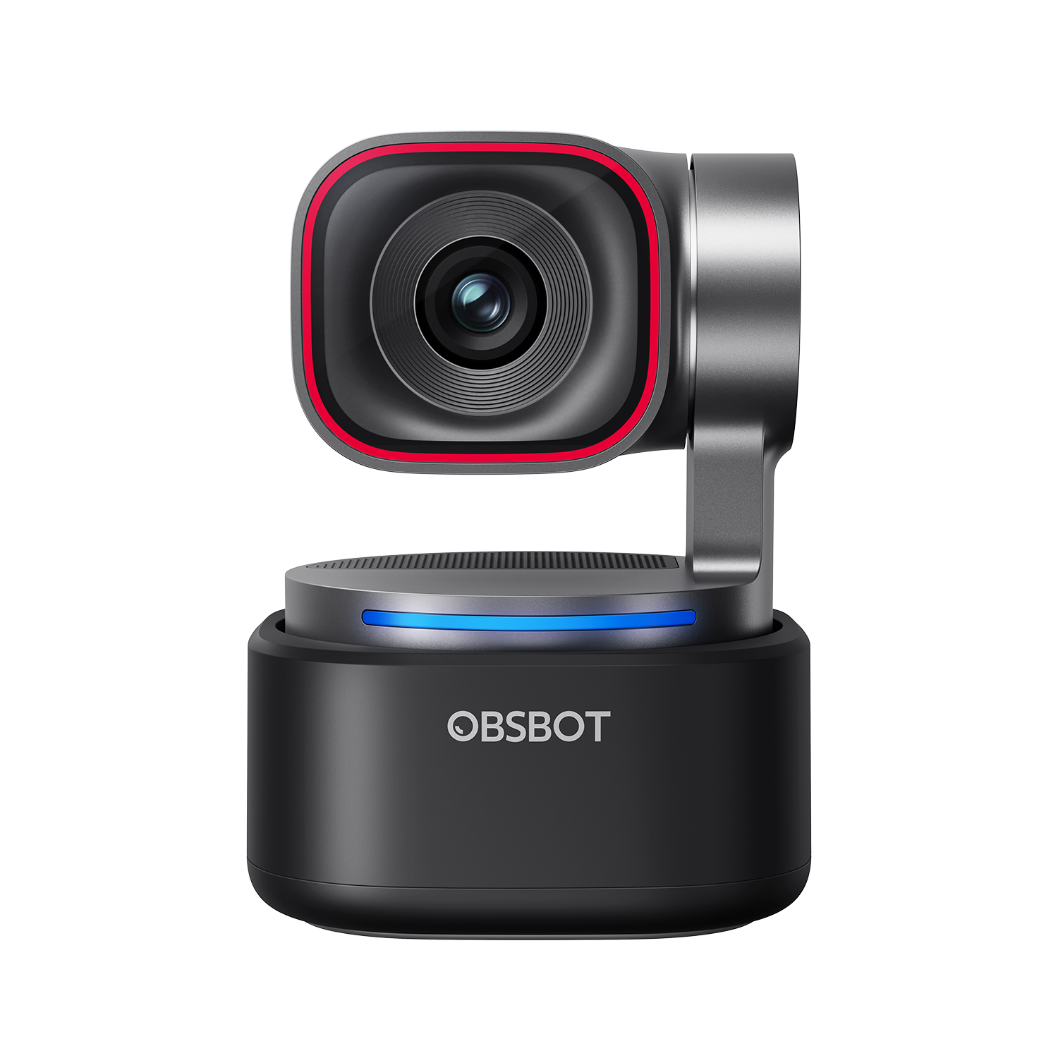 Eine graue OBSBOT-Kamera mit roter Zierleiste steht auf einem schwarzen Sockel mit blauem Licht.