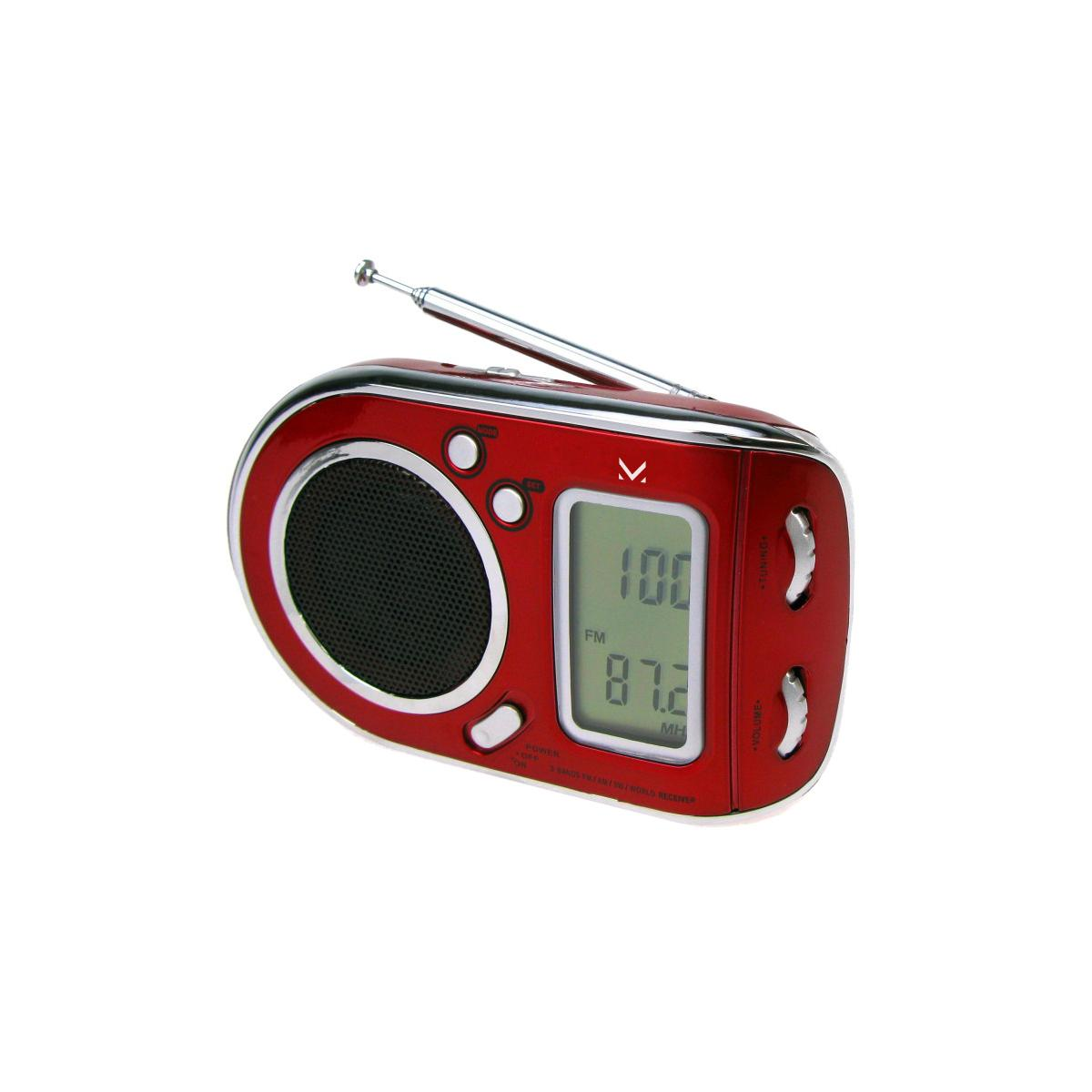 Una radio digitale rossa con antenna estensibile e schermo LCD.