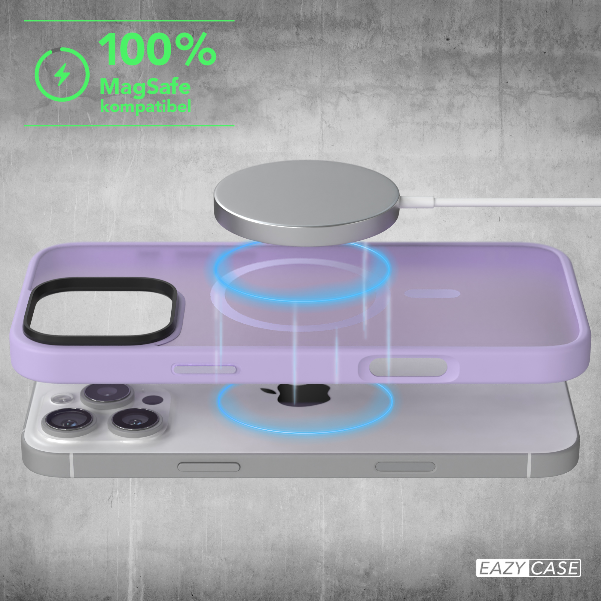 Ein lila iPhone-Case schwebt über einem iPhone mit MagSafe-Ladegerät.